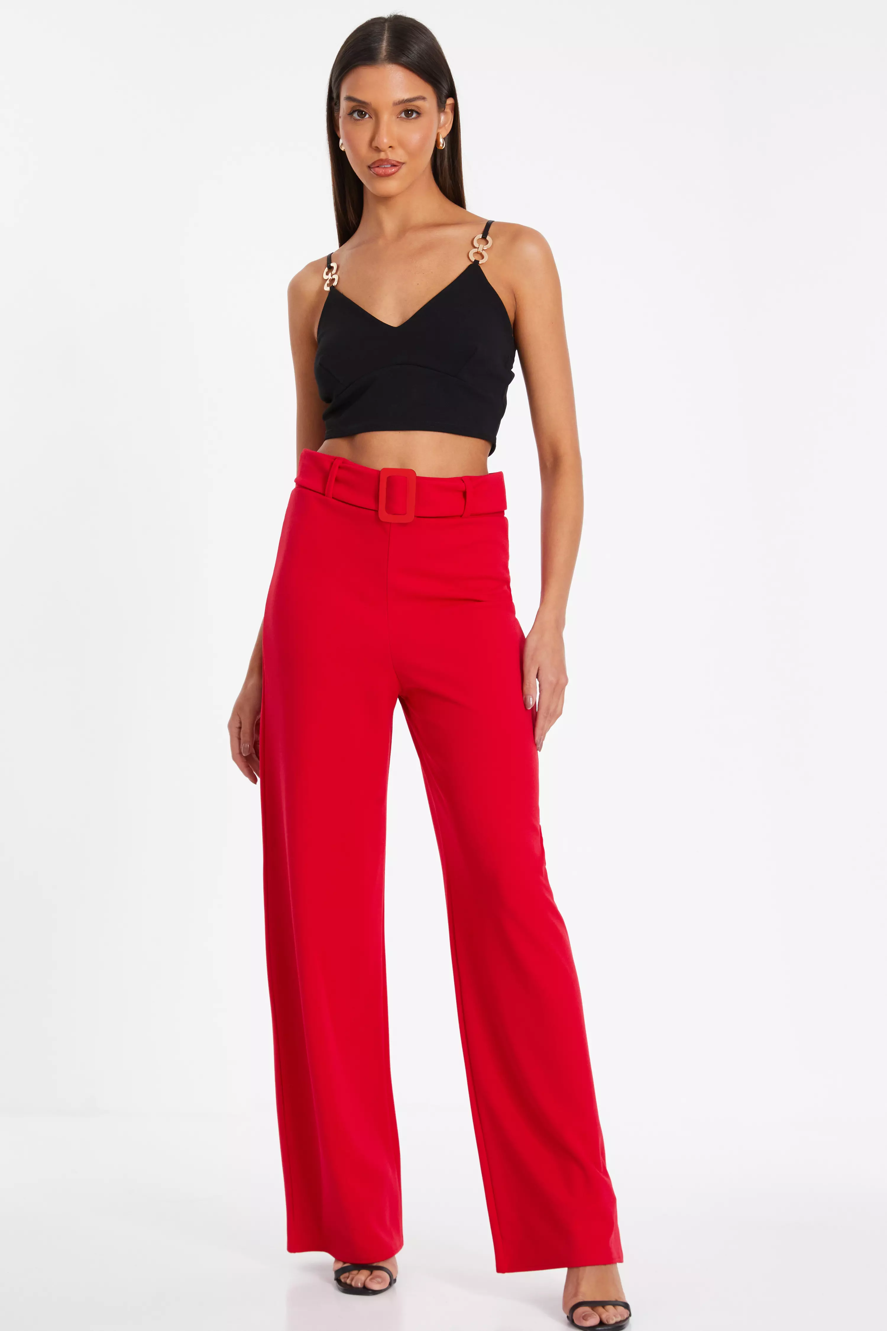 Red High Waisted Belted Palazzo Trouser