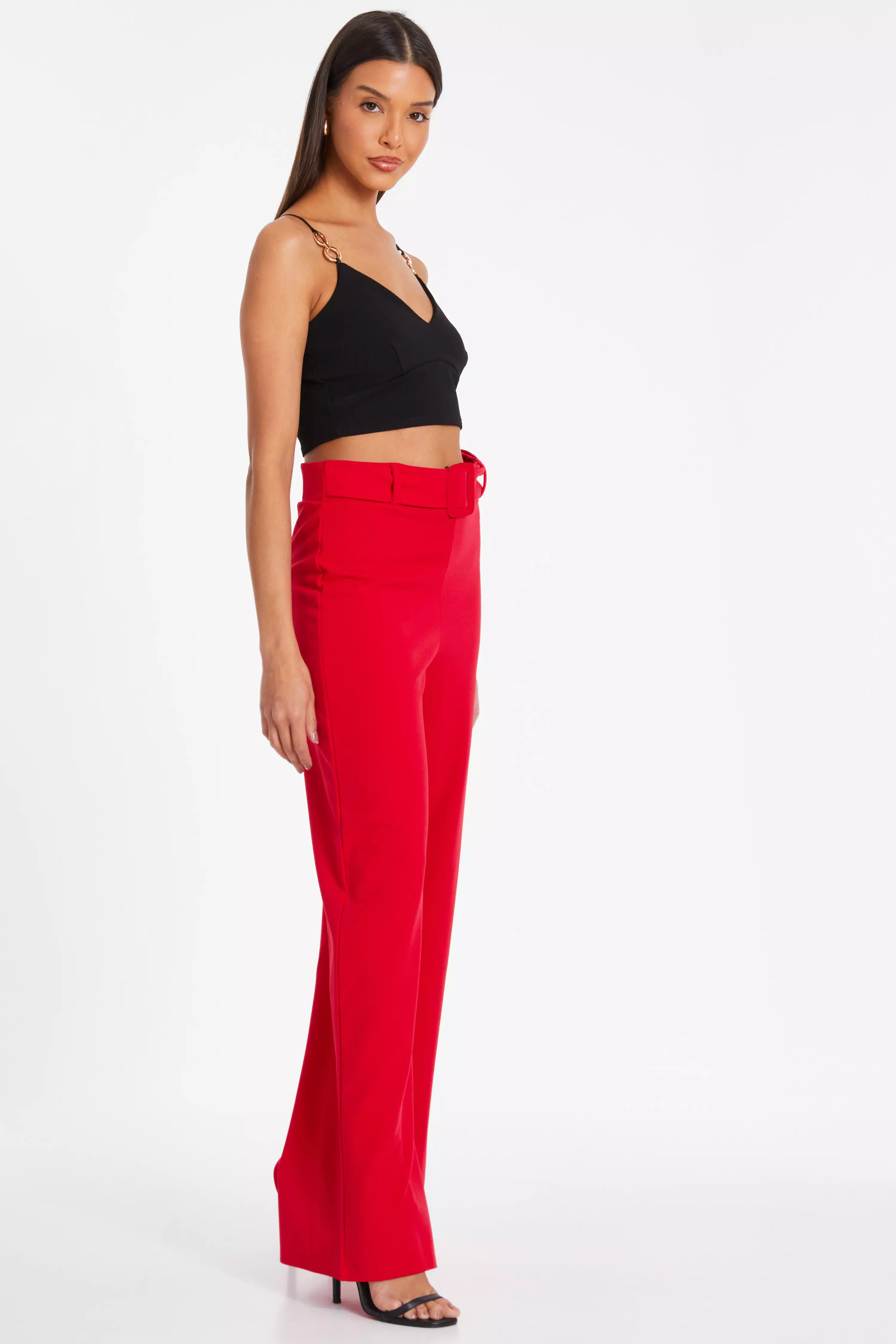 Red High Waisted Belted Palazzo Trouser