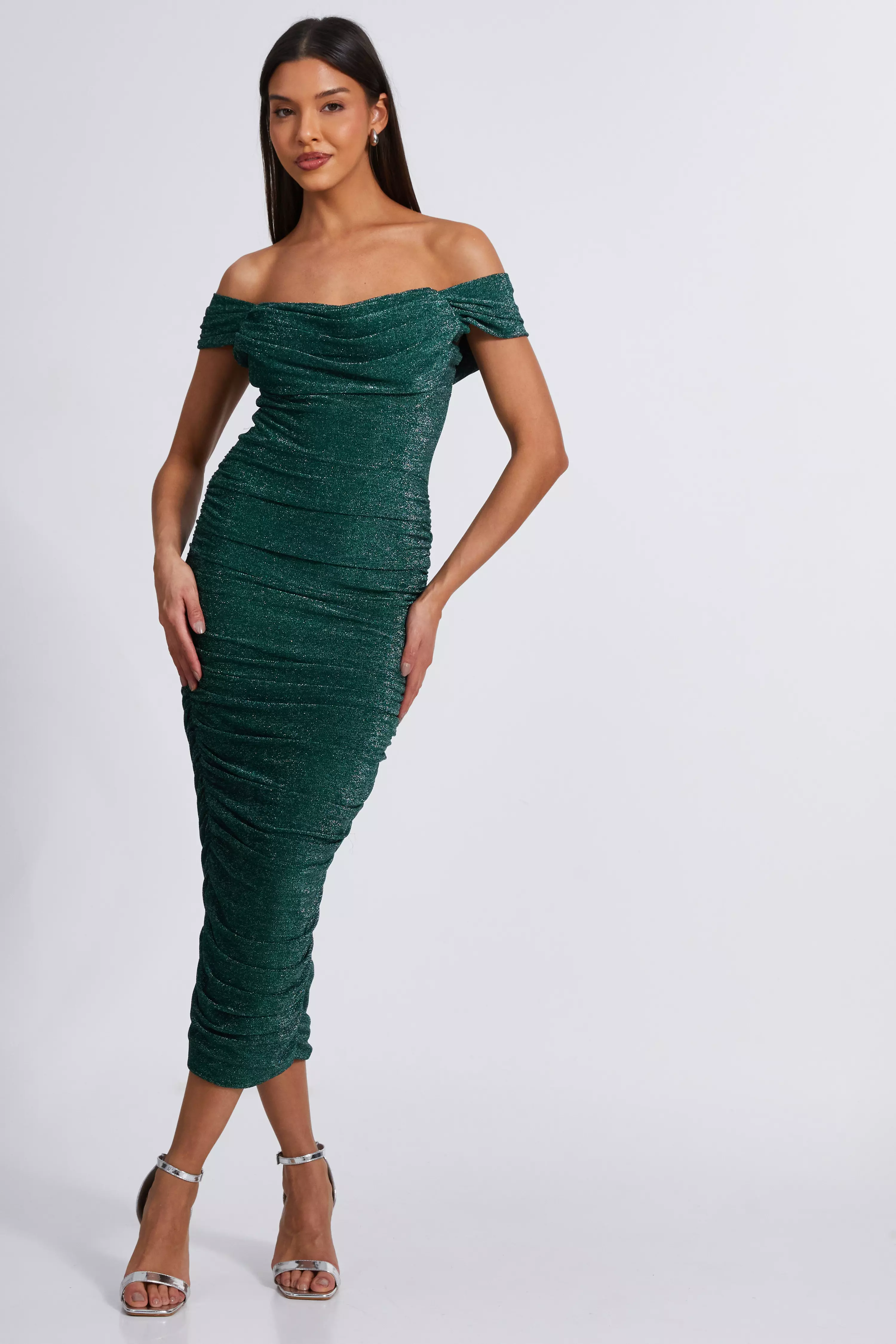 Bottle Green Shimmer Bardot Ruched Midi Dress