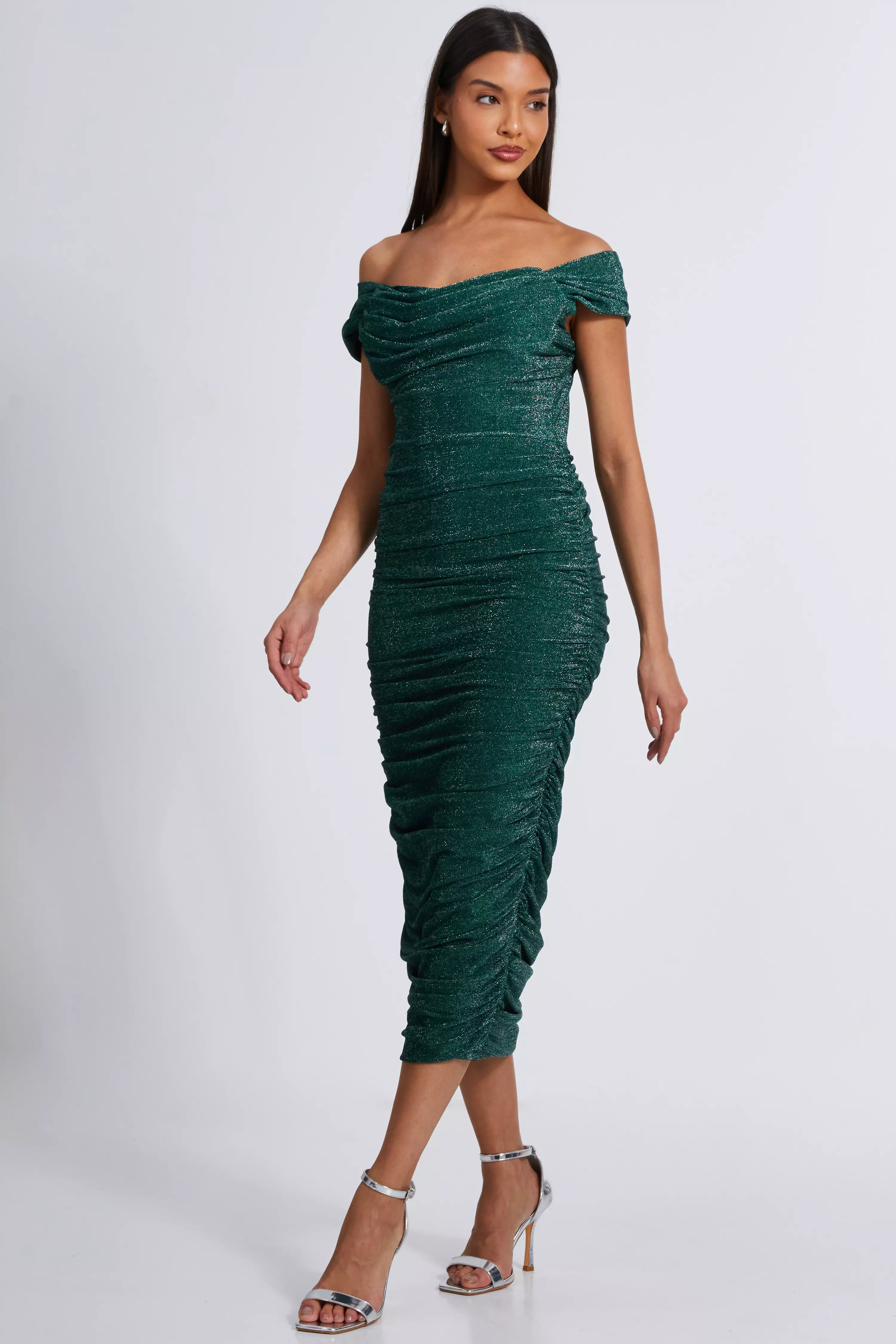 Bottle Green Shimmer Bardot Ruched Midi Dress