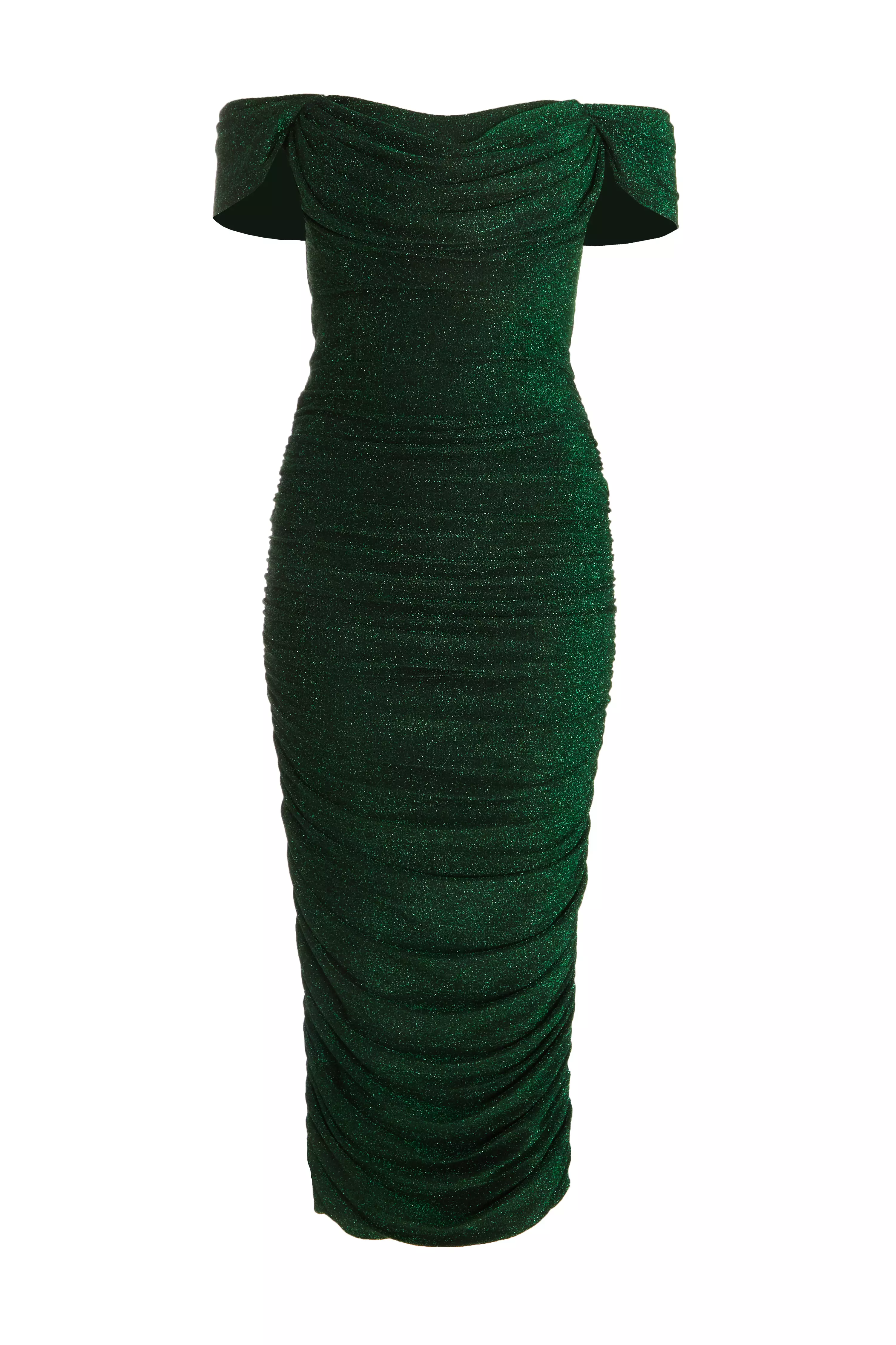 Bottle Green Shimmer Bardot Ruched Midi Dress