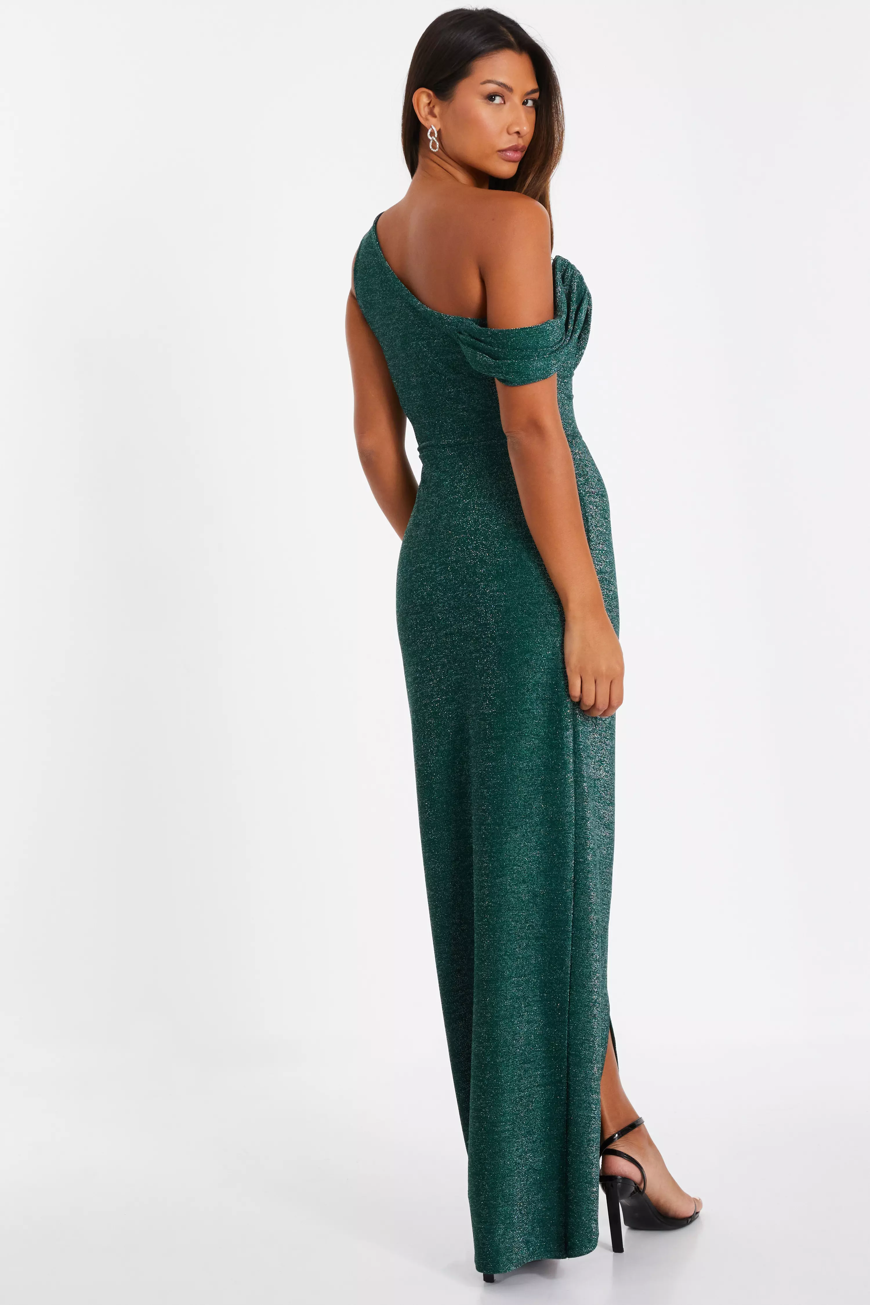 Bottle Green Shimmer Asymmetric Cowl Neck Maxi Dress