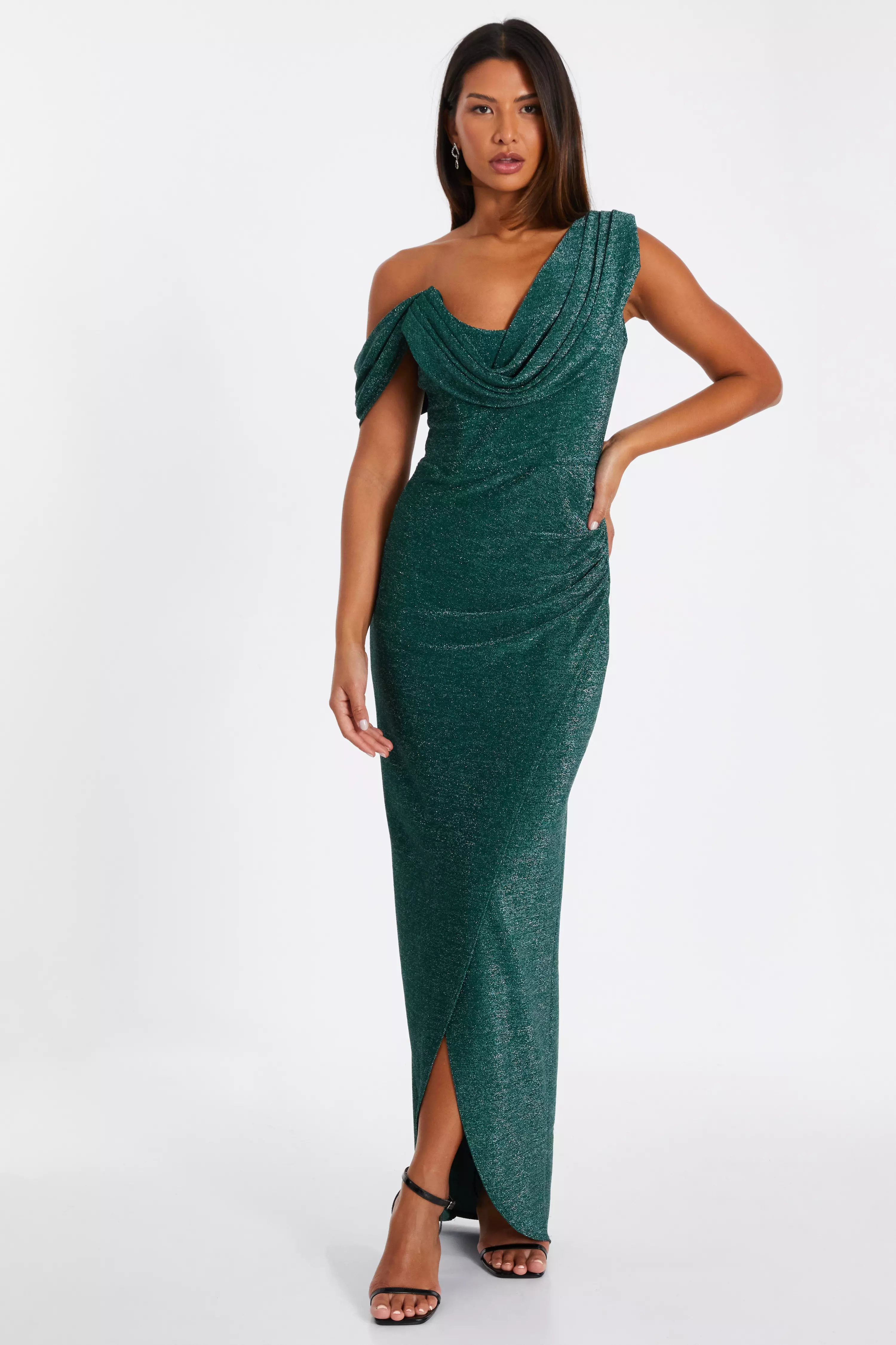 Bottle Green Shimmer Asymmetric Cowl Neck Maxi Dress