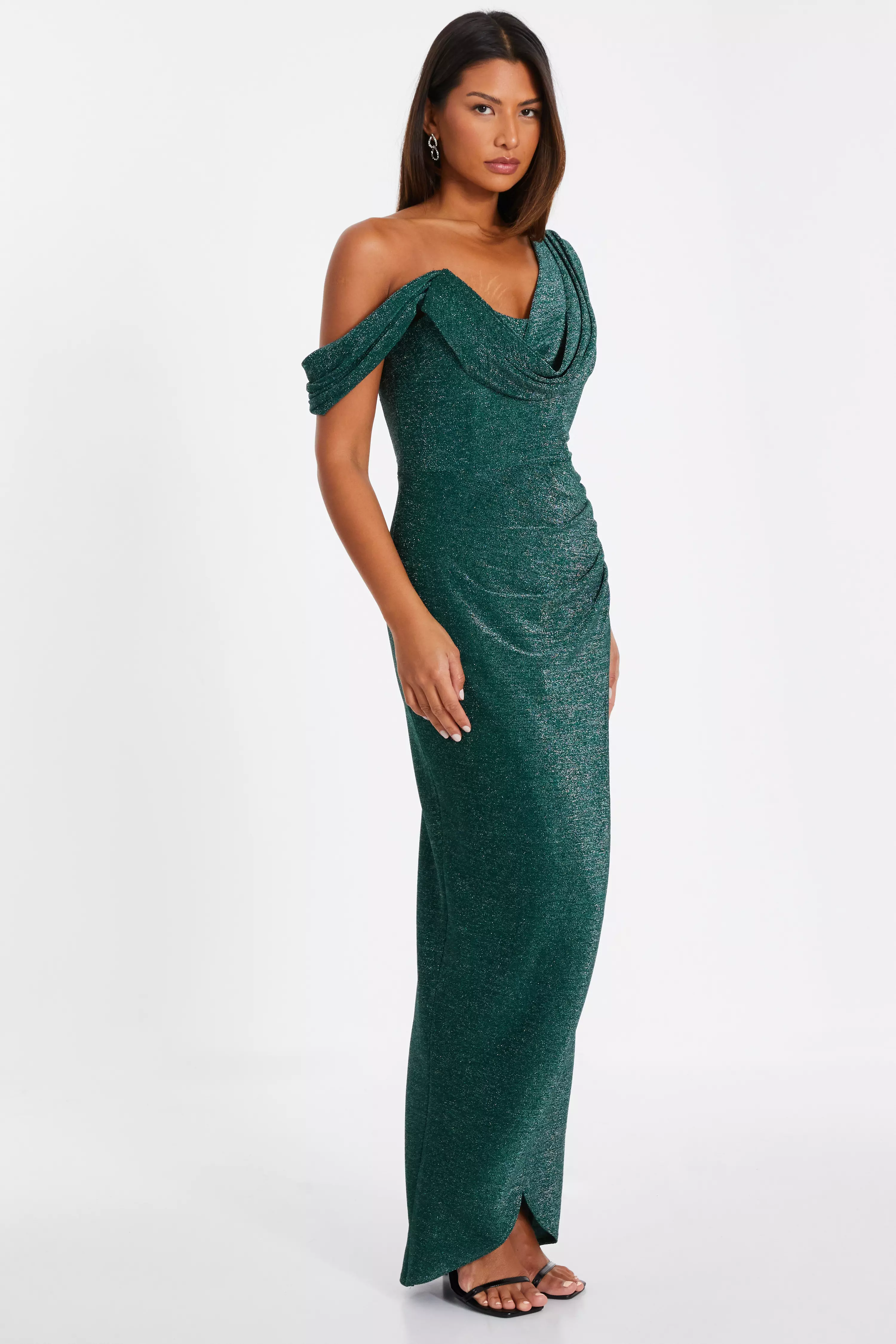 Bottle Green Shimmer Asymmetric Cowl Neck Maxi Dress