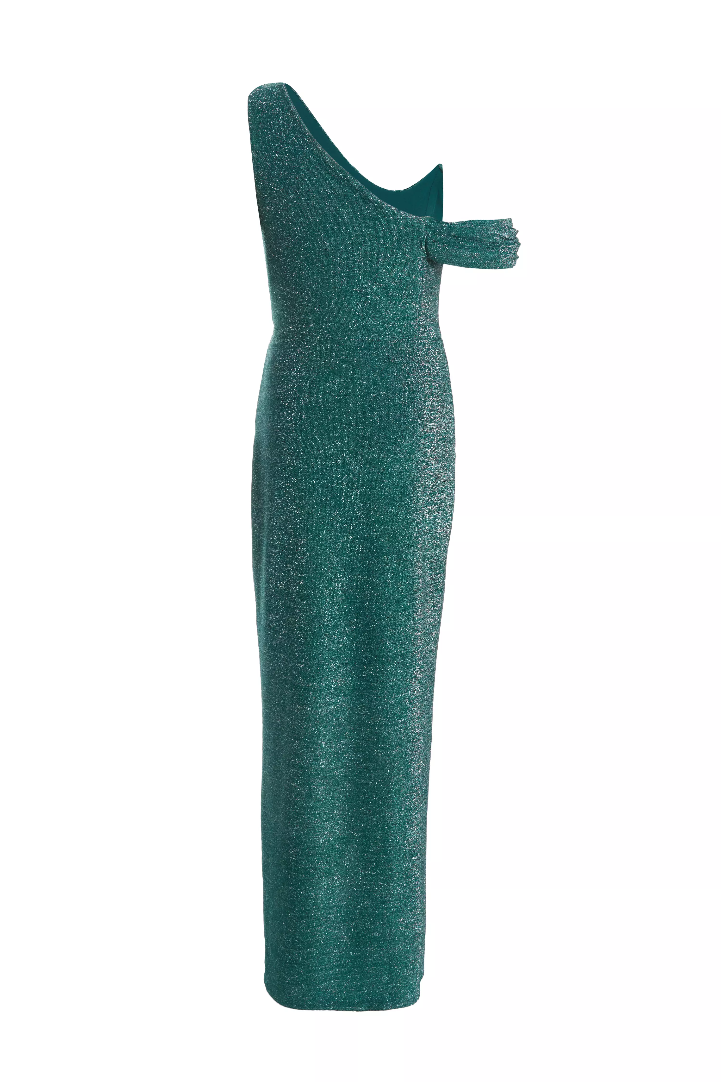 Bottle Green Shimmer Asymmetric Cowl Neck Maxi Dress