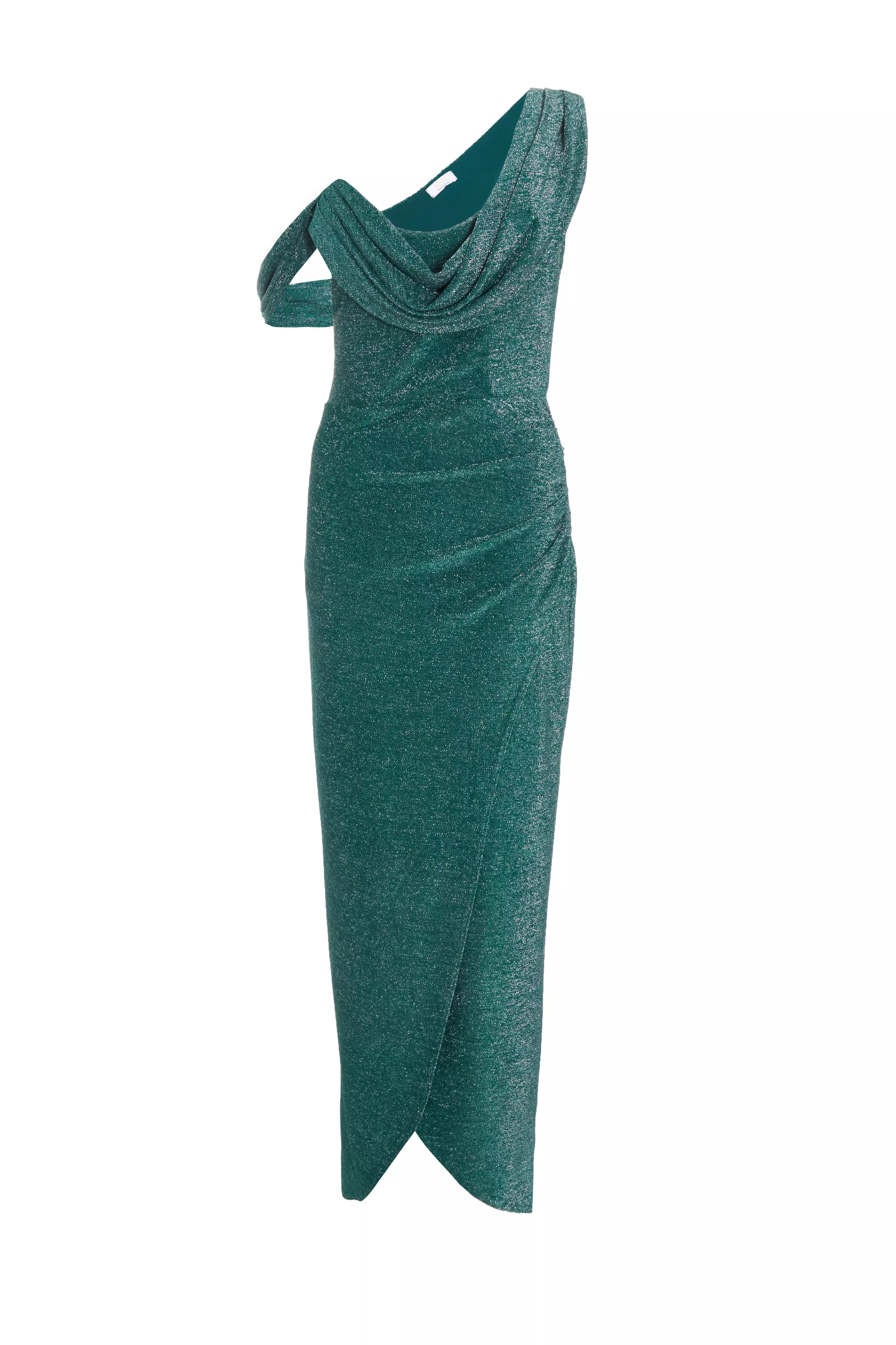 Bottle Green Shimmer Asymmetric Cowl Neck Maxi Dress