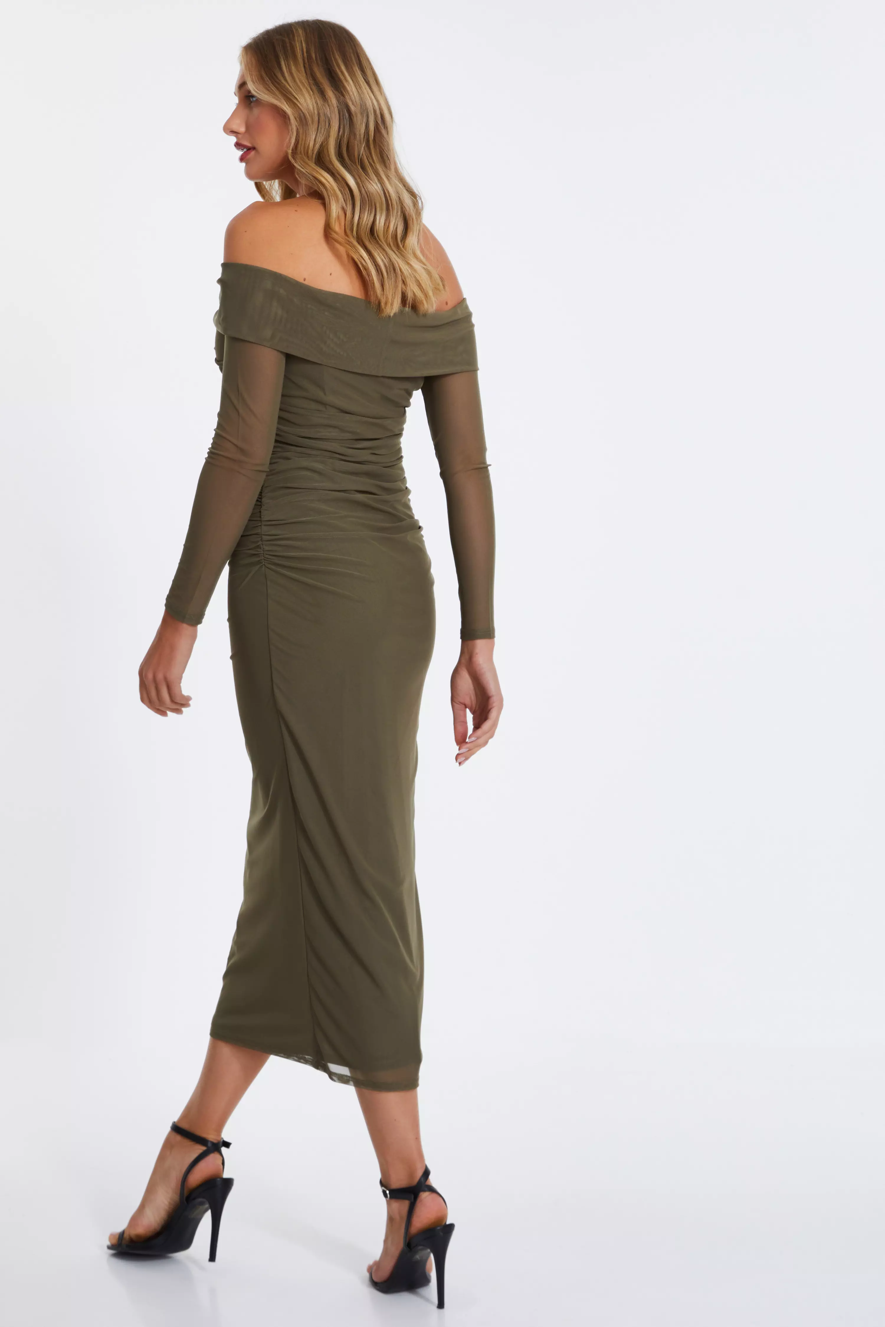 Khaki Mesh Twist Bardot Midaxi Dress