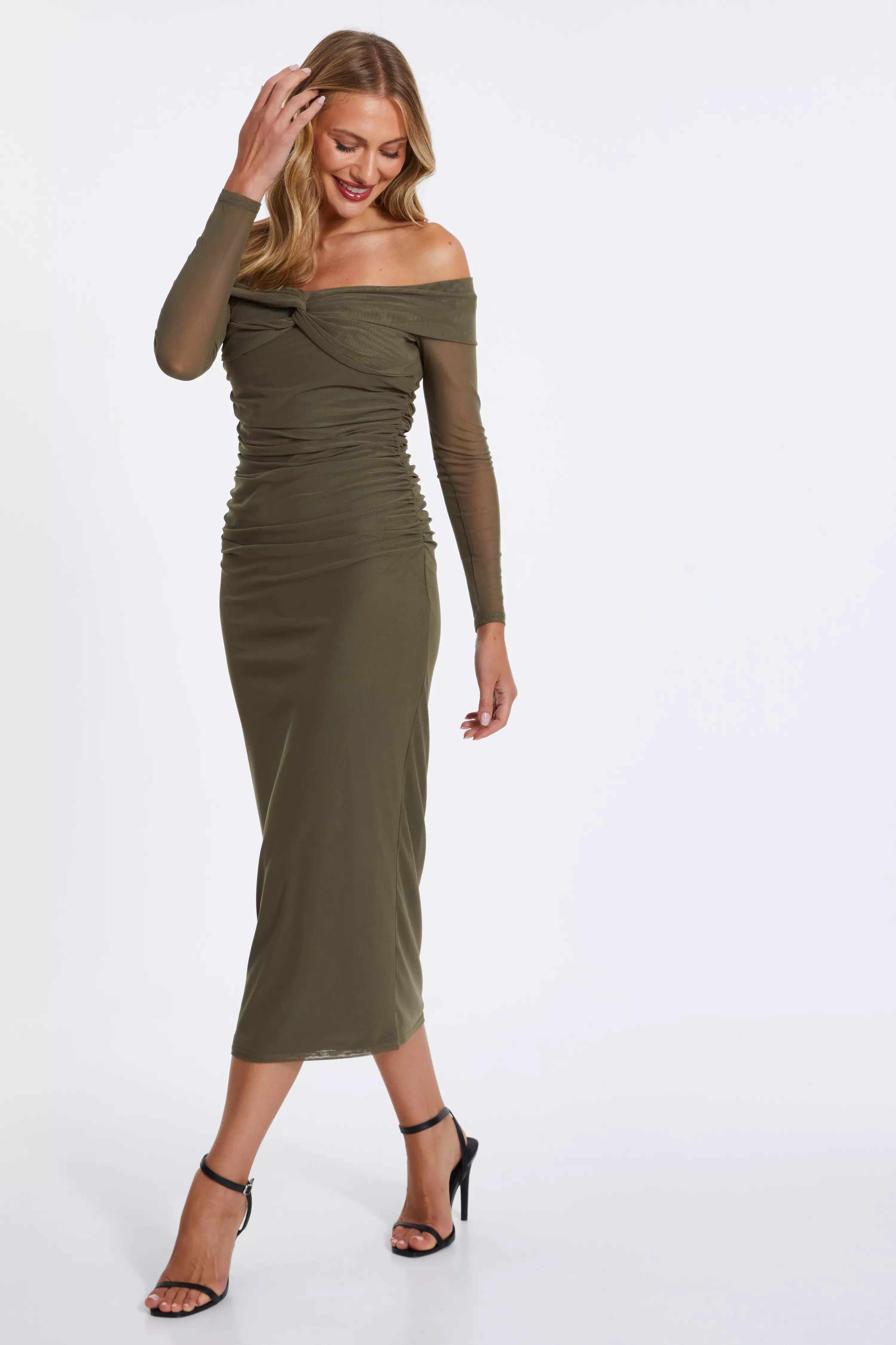 Khaki Mesh Twist Bardot Midaxi Dress