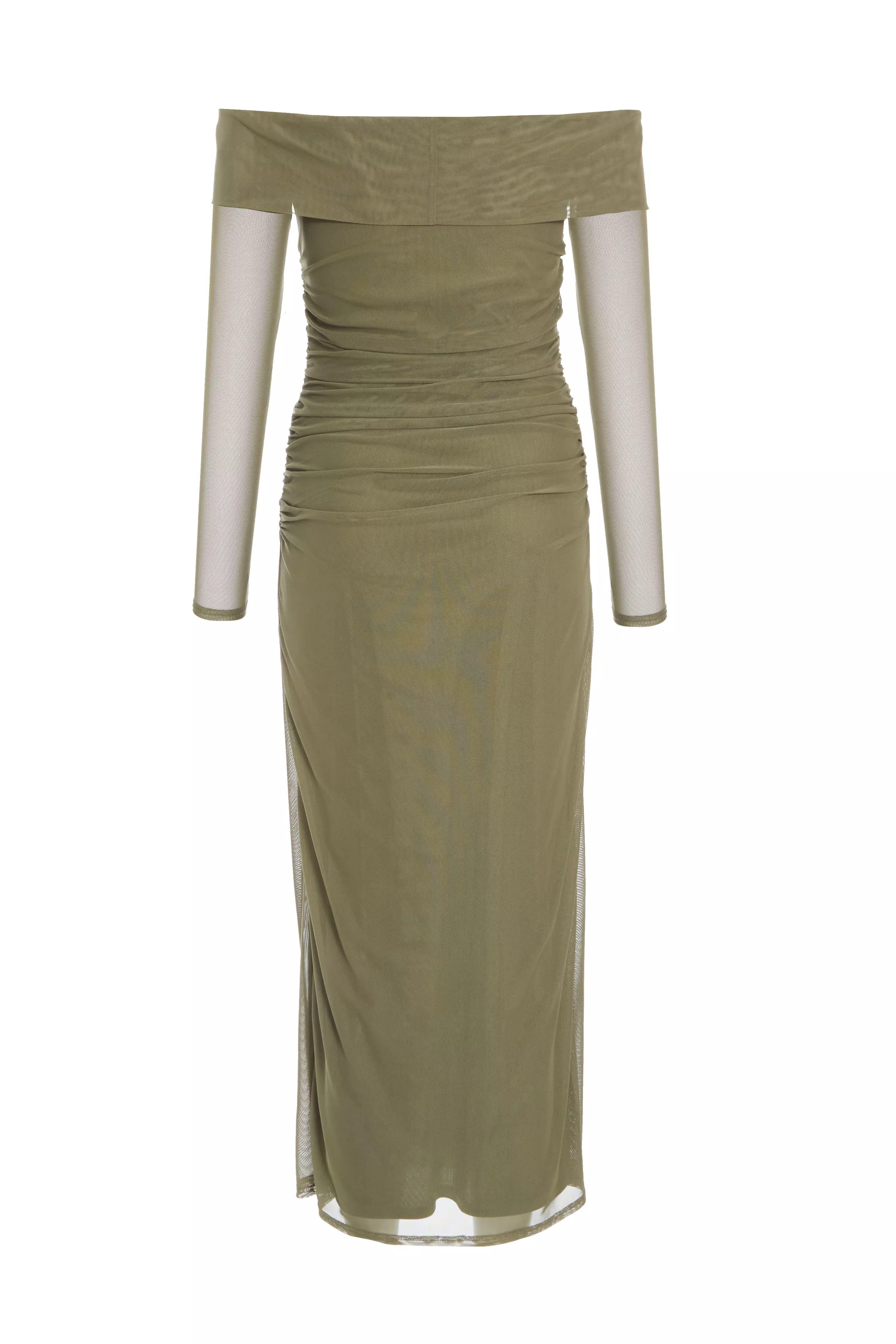 Khaki Mesh Twist Bardot Midaxi Dress