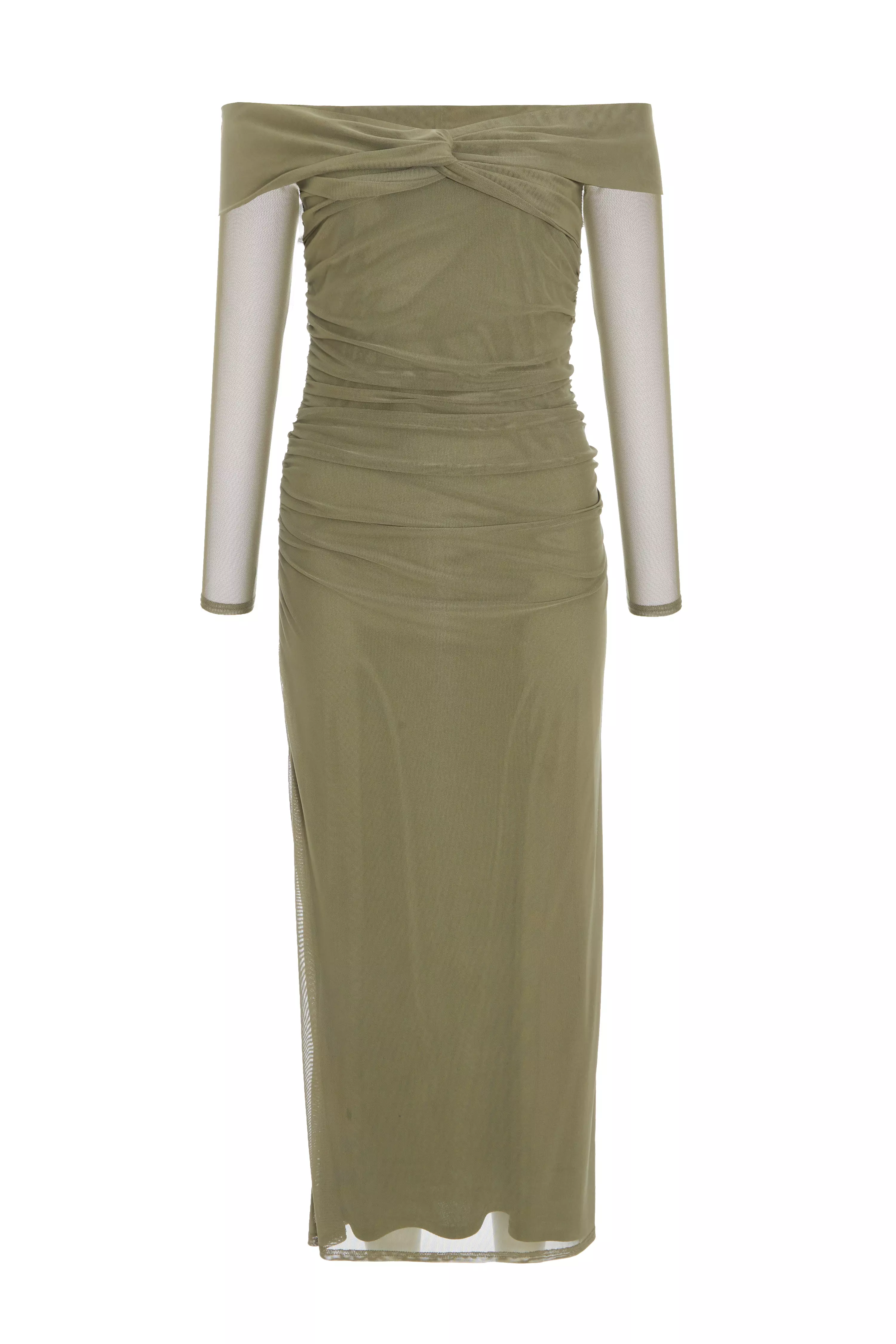 Khaki Mesh Twist Bardot Midaxi Dress