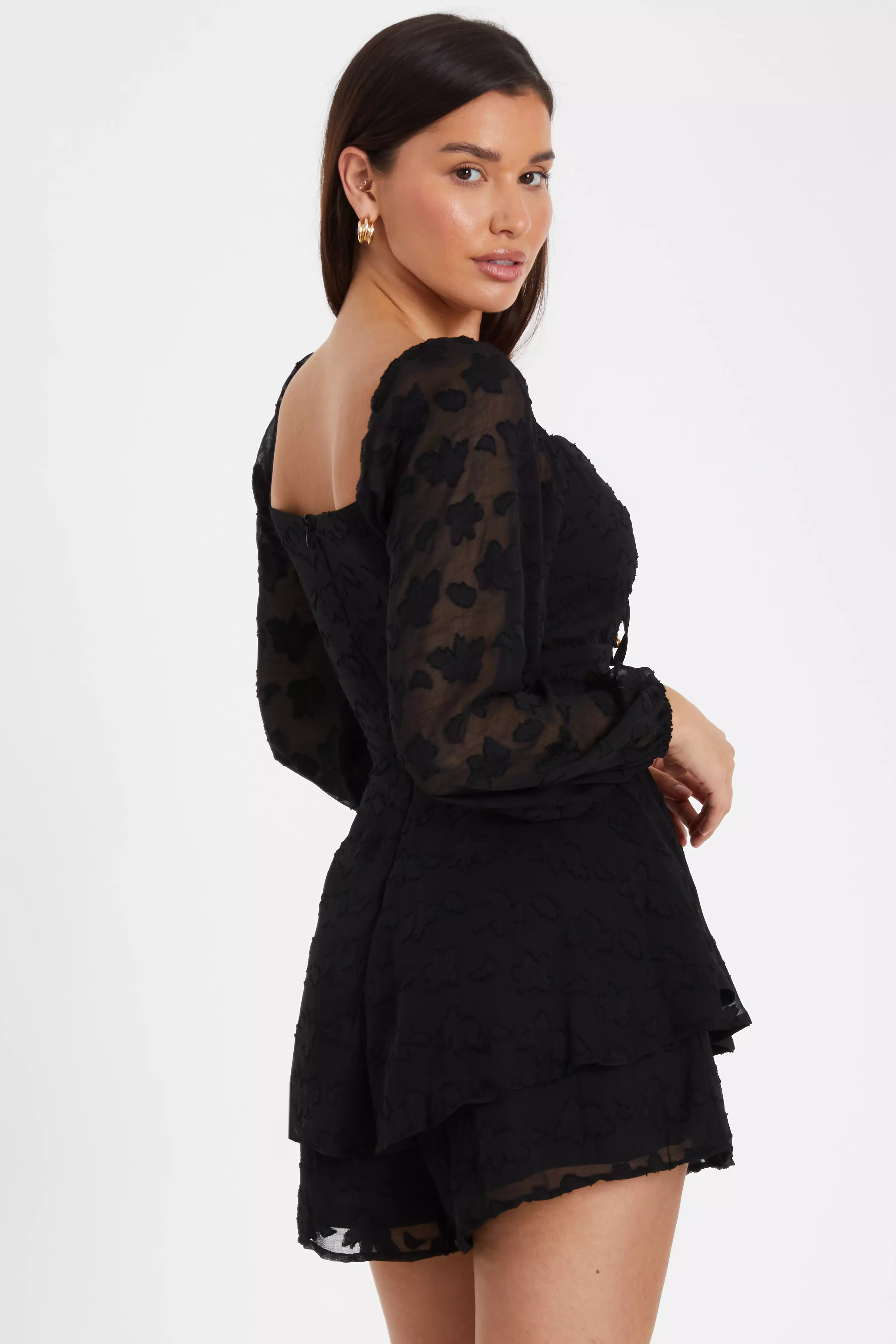 Black Floral Jacquard Tiered Playsuit