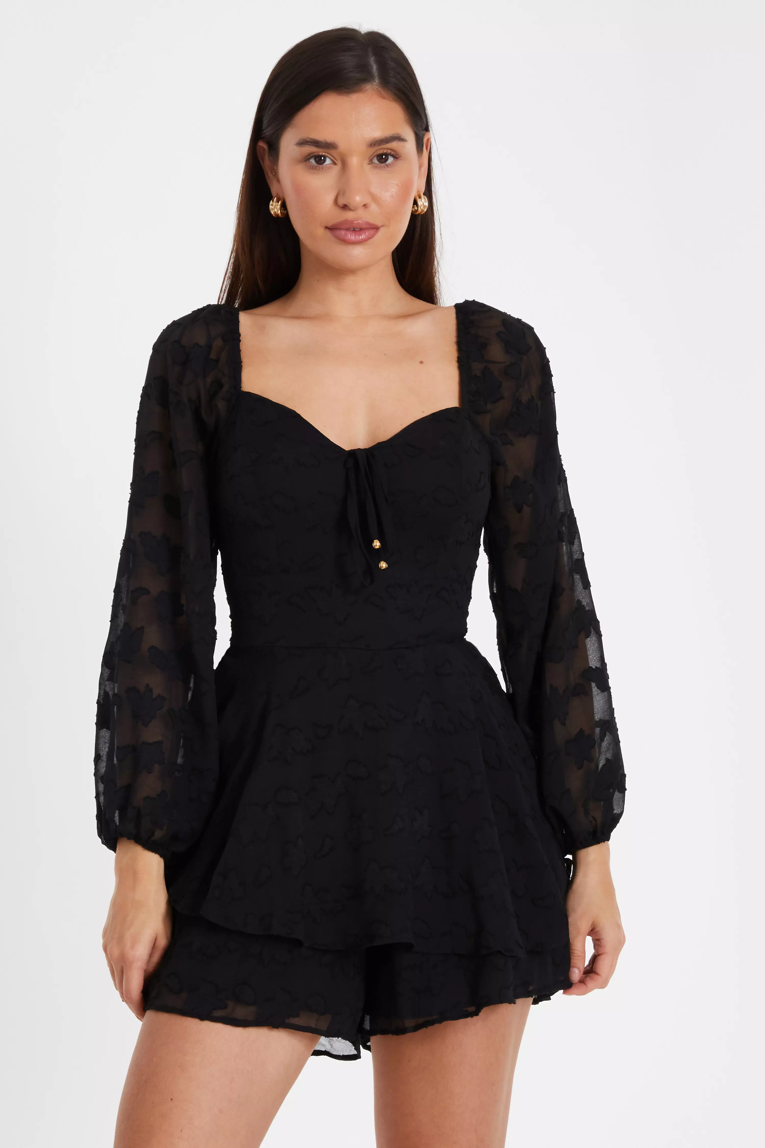 Black Floral Jacquard Tiered Playsuit