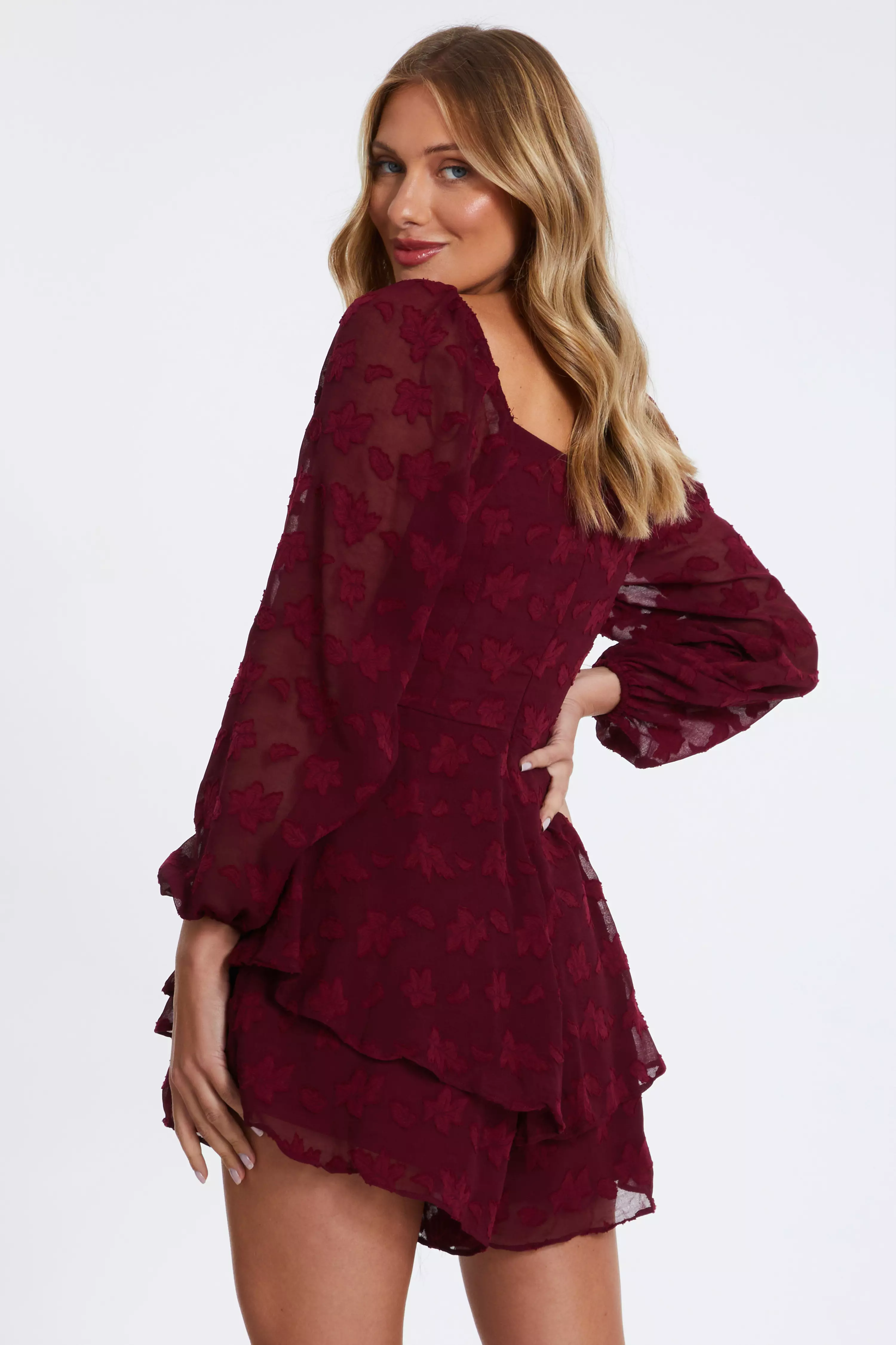 Dark Red Floral Jacquard Tiered Playsuit