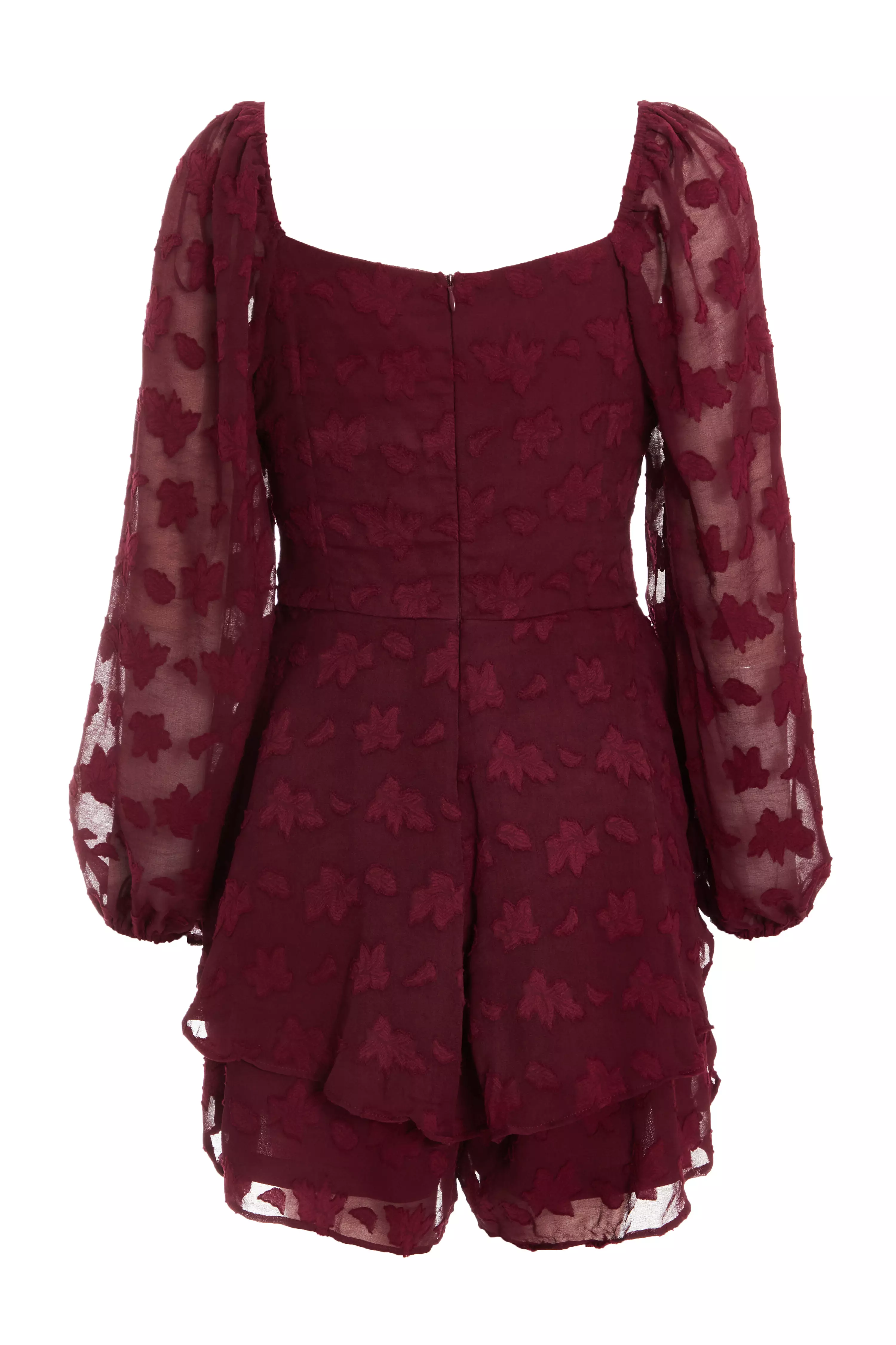 Dark Red Floral Jacquard Tiered Playsuit