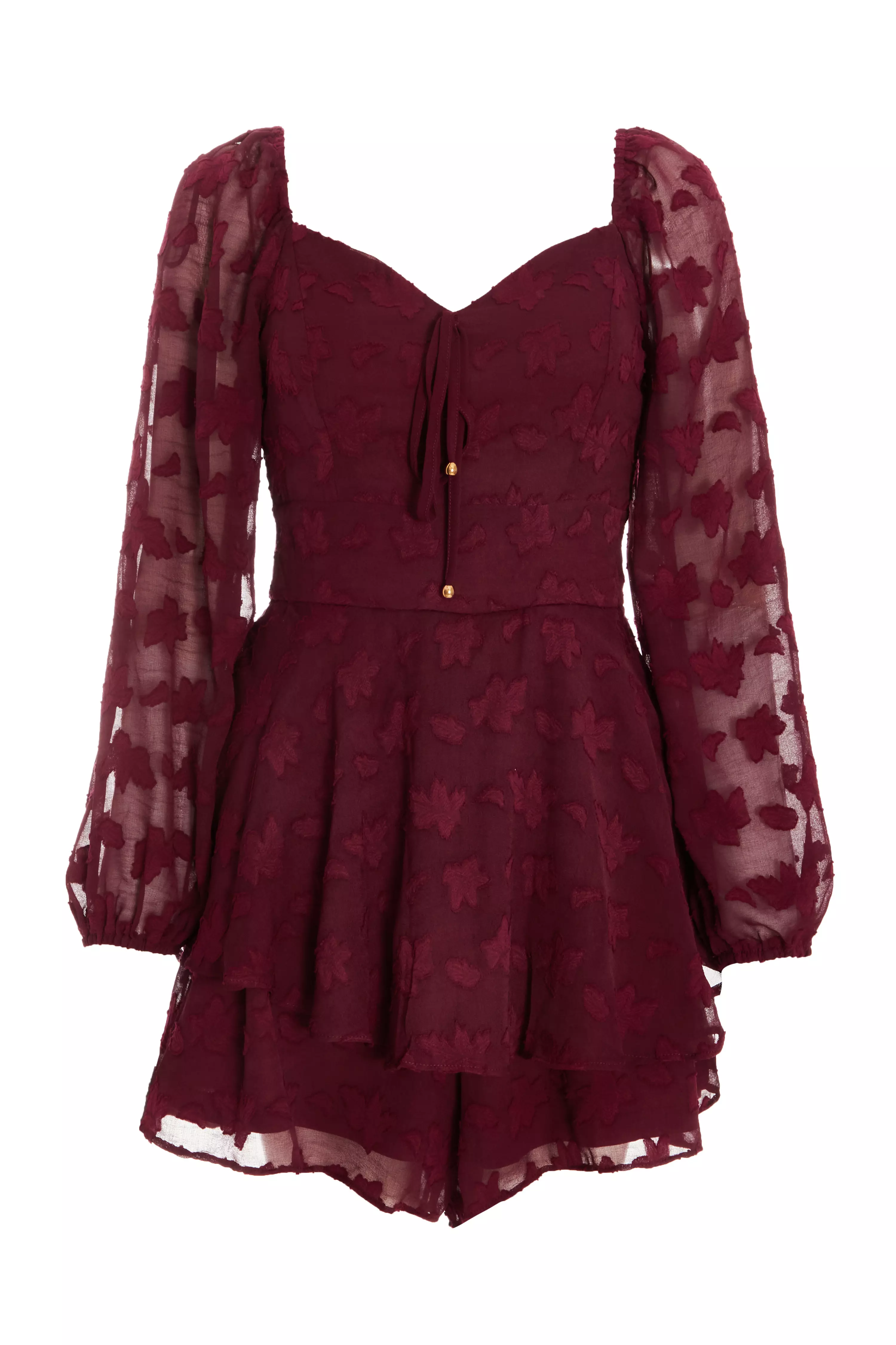 Dark Red Floral Jacquard Tiered Playsuit