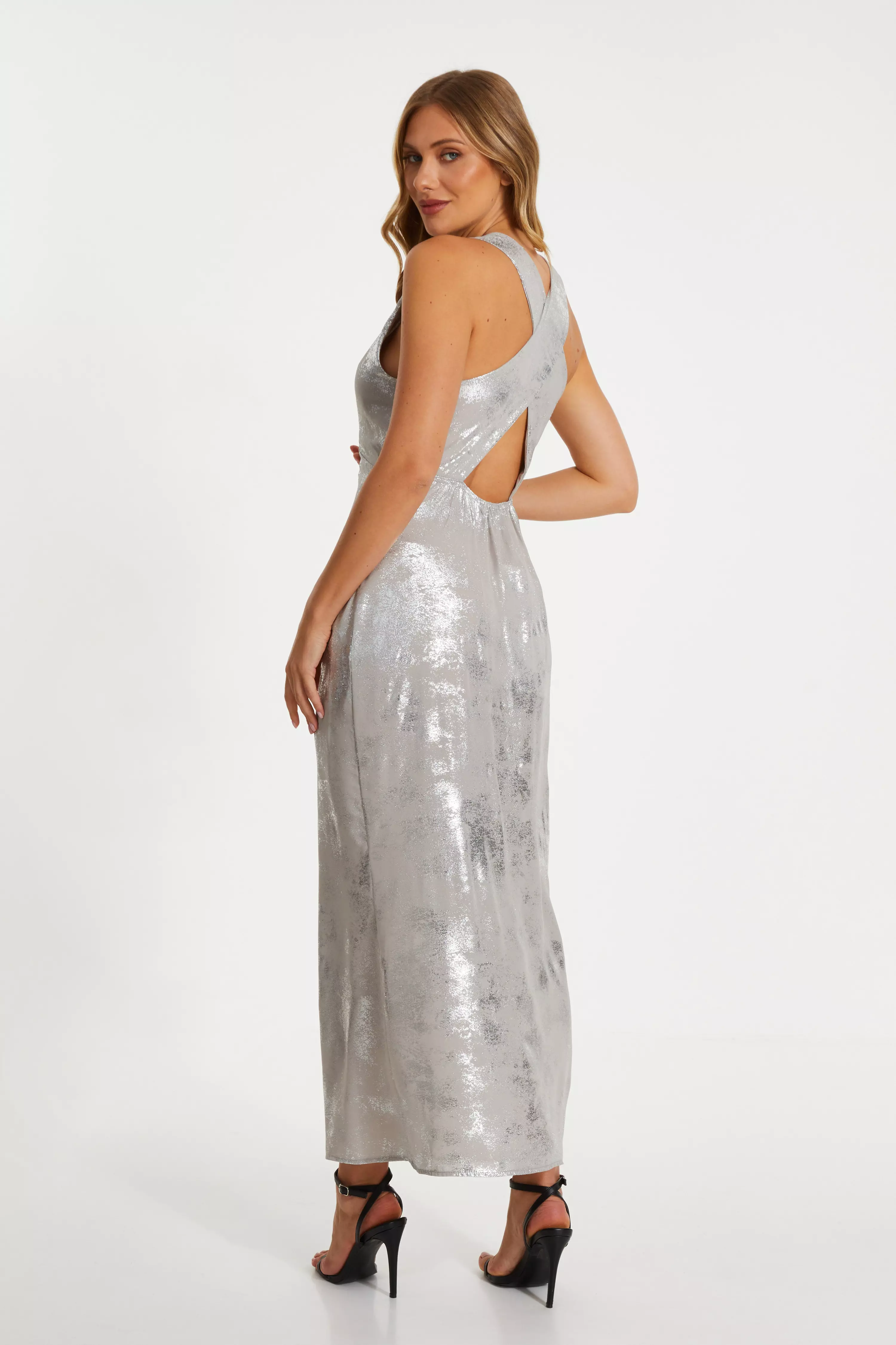Silver Foil Plunge Maxi Dress