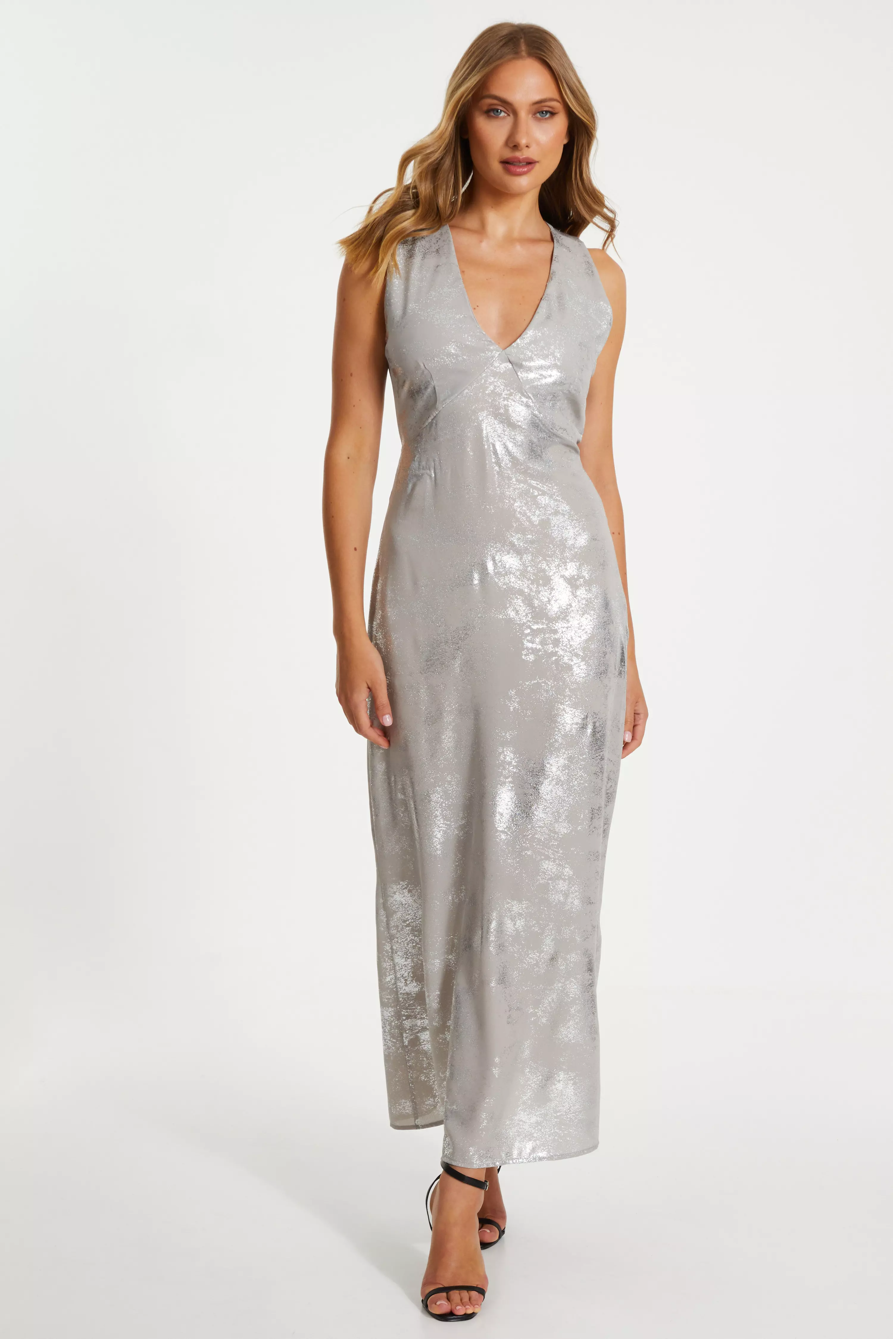 Silver Foil Plunge Maxi Dress