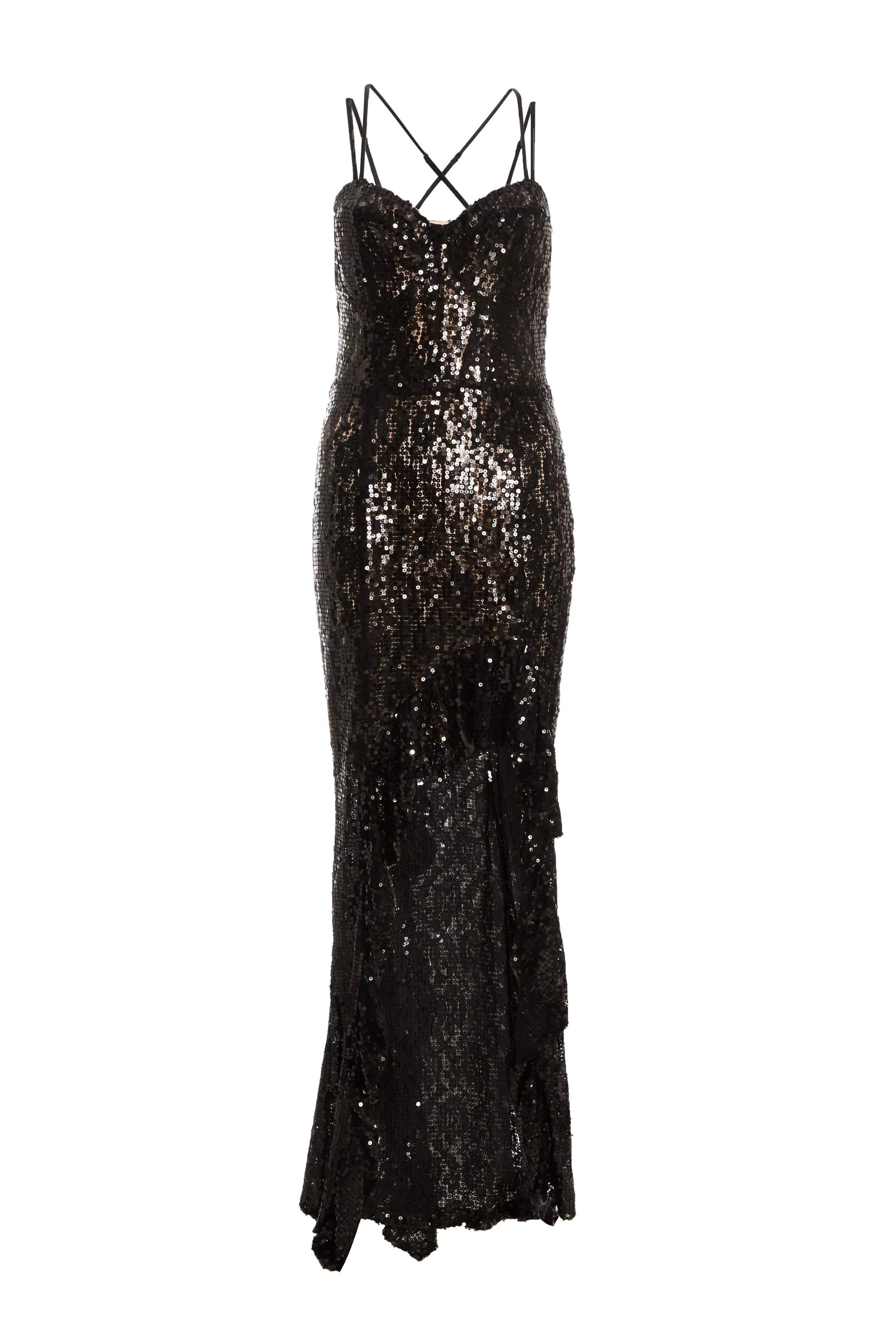 Black Sequin Lace Fishtail Maxi Dress