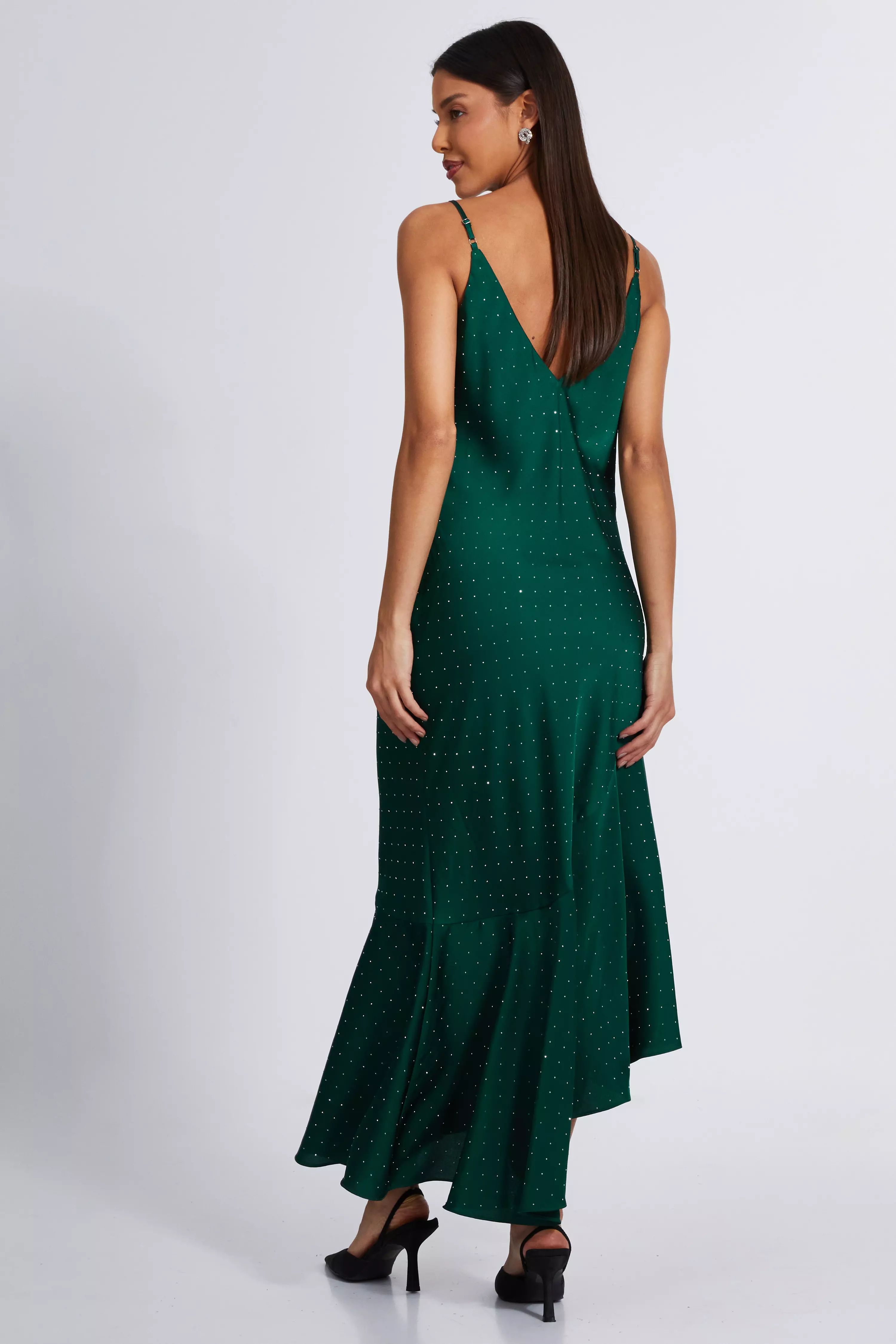 Bottle Green Satin Asymmetric Midaxi Dress 