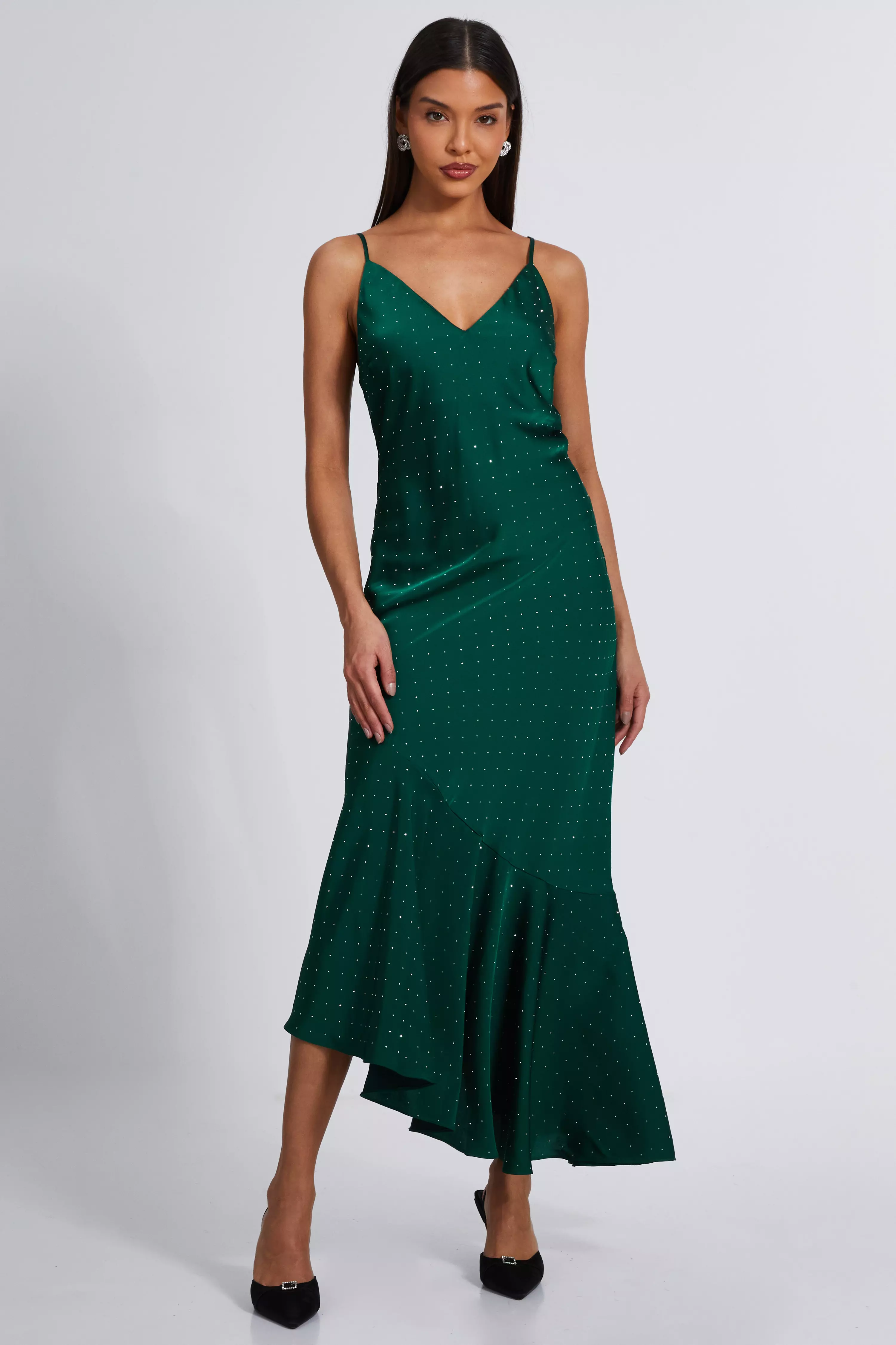 Bottle Green Satin Asymmetric Midaxi Dress 