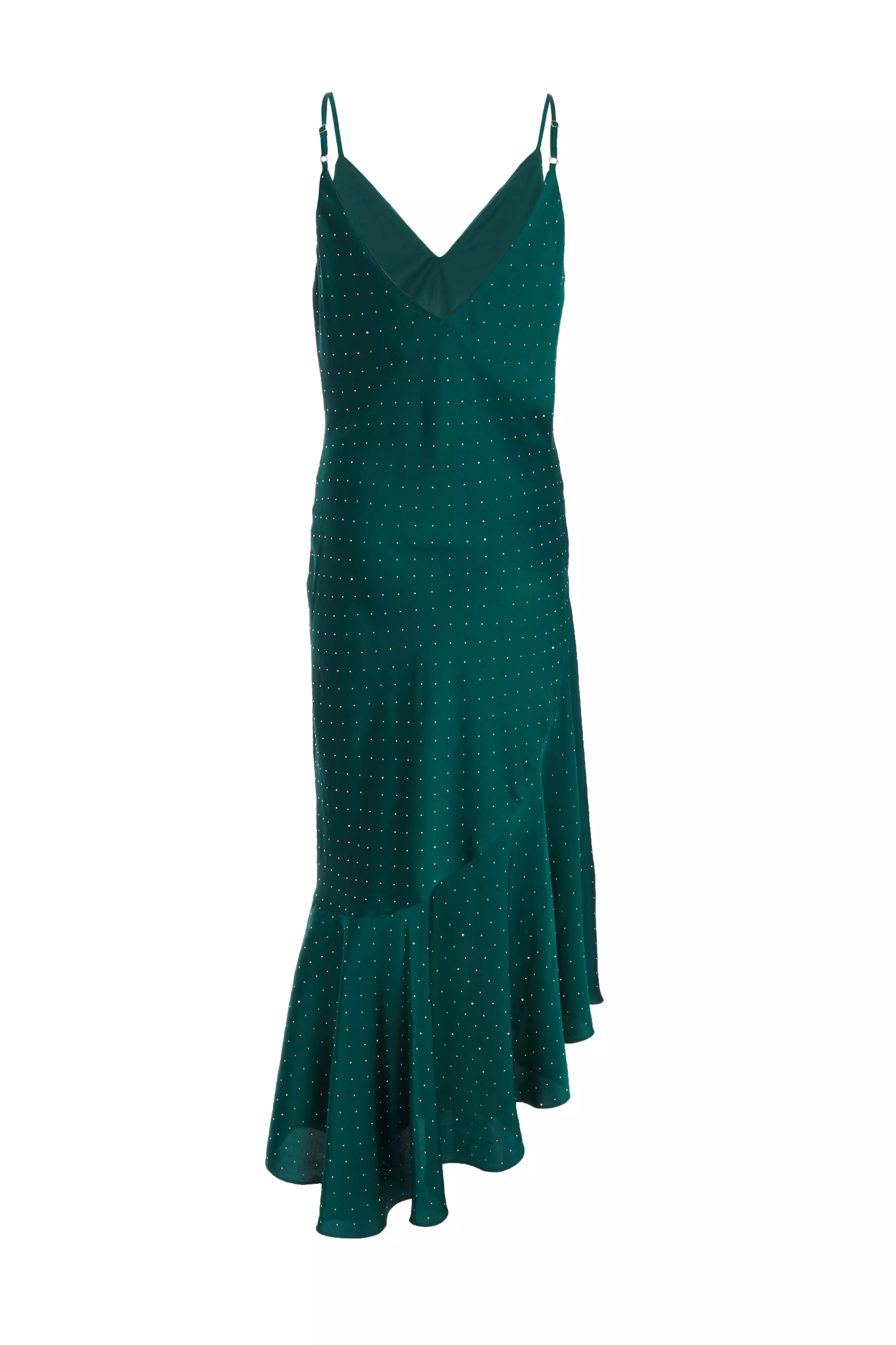 Bottle Green Satin Asymmetric Midaxi Dress 