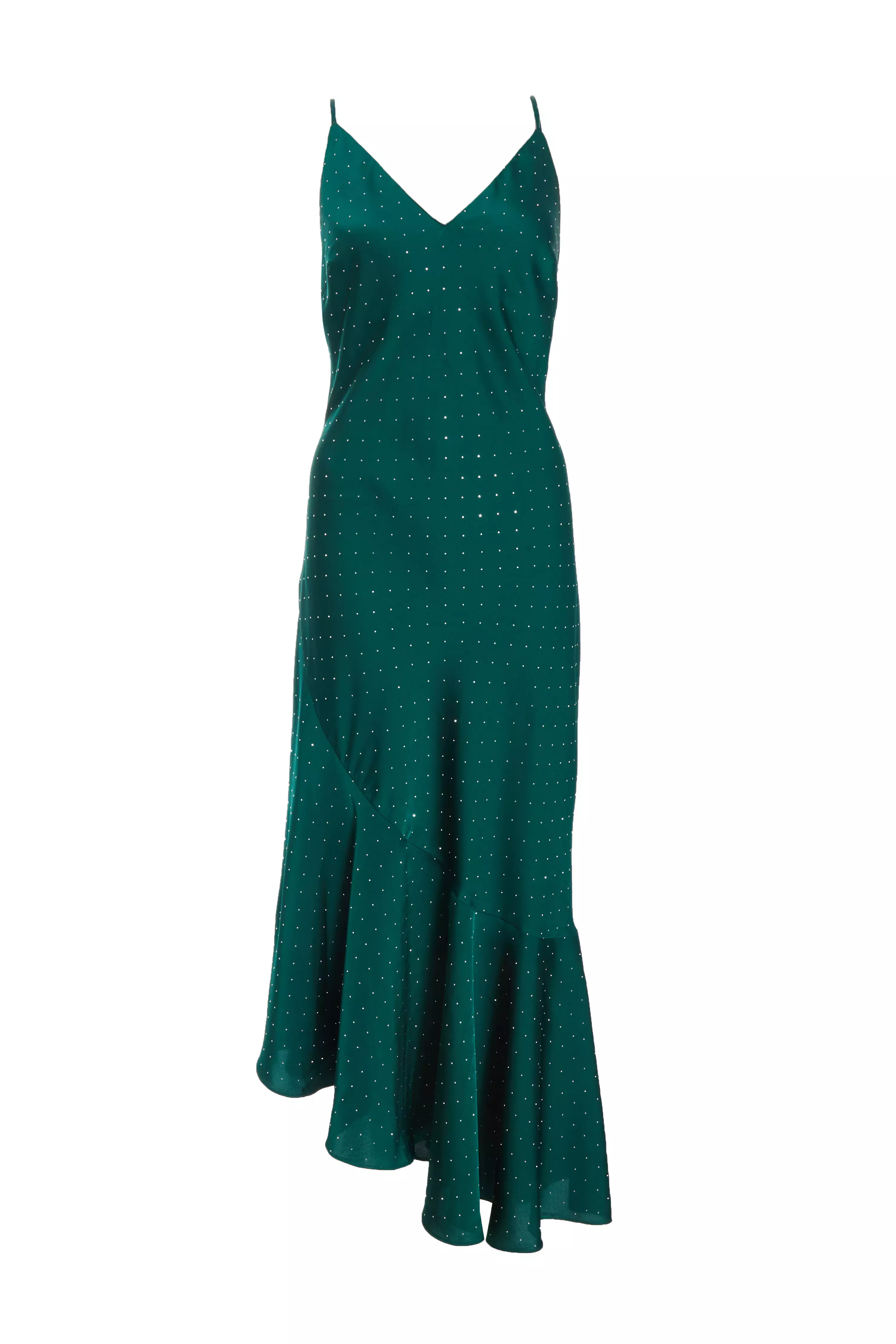 Bottle Green Satin Asymmetric Midaxi Dress 