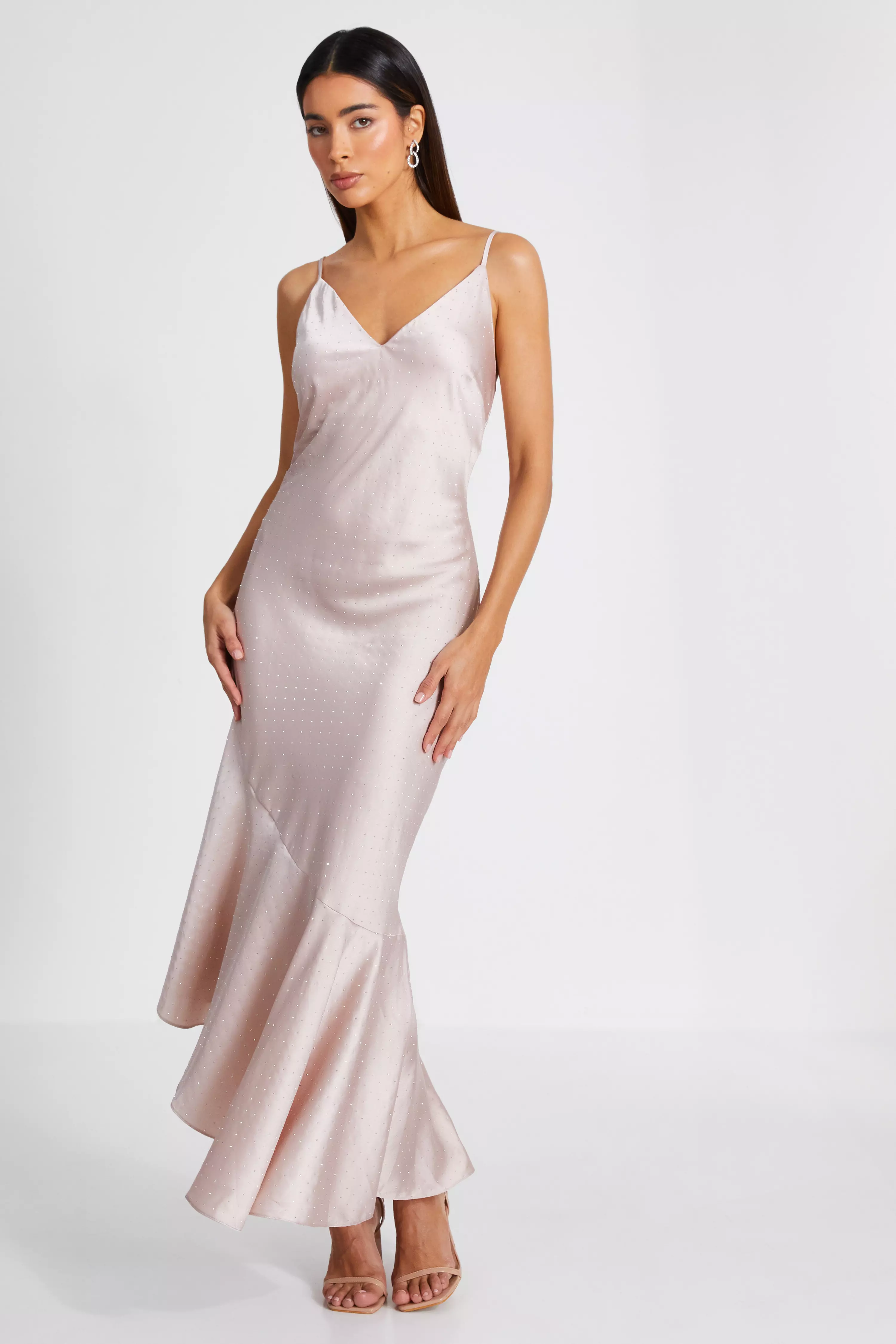 Rose Gold Satin Asymmetric Midaxi Dress