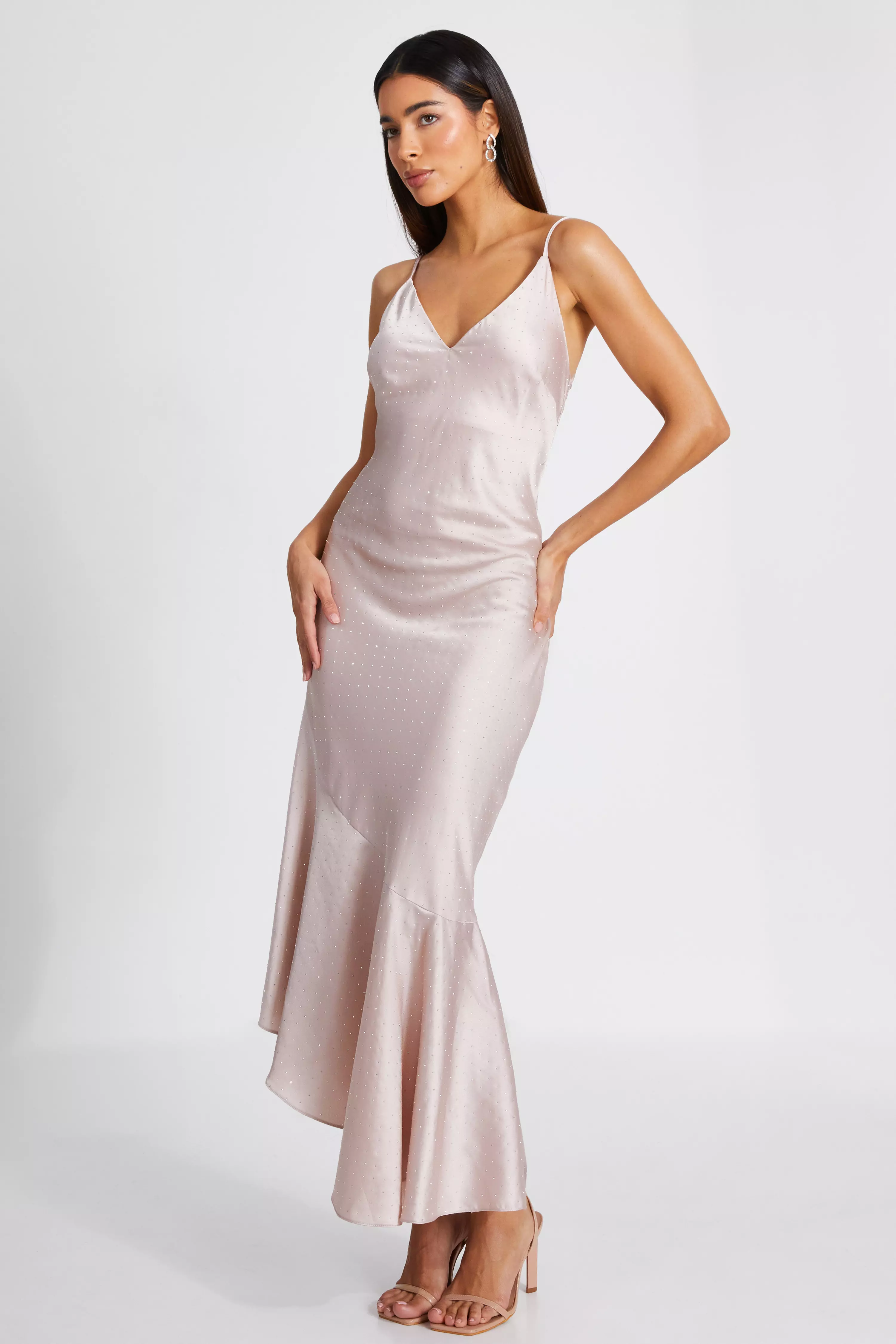 Rose Gold Satin Asymmetric Midaxi Dress