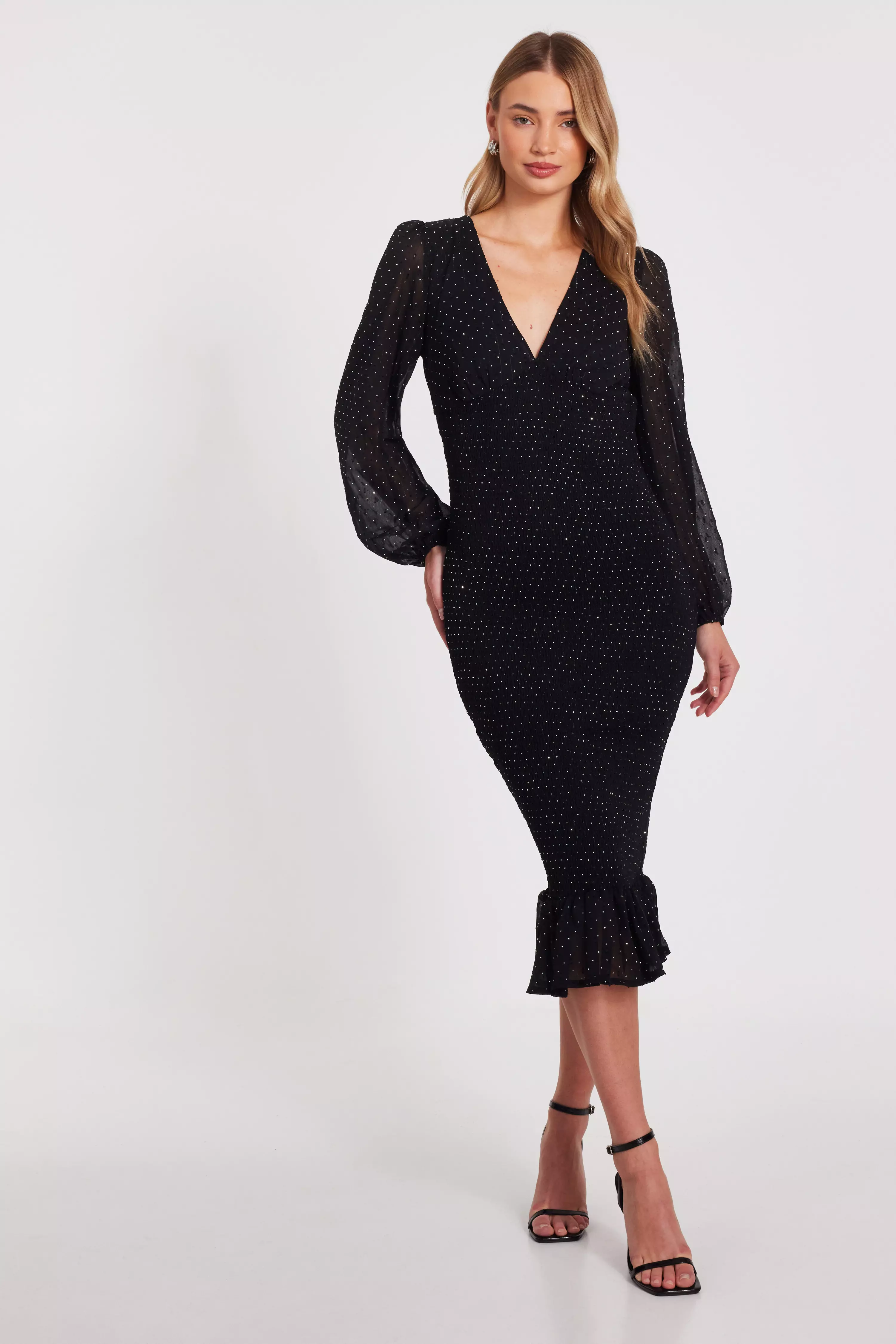 Black Chiffon Diamante Midi Dress