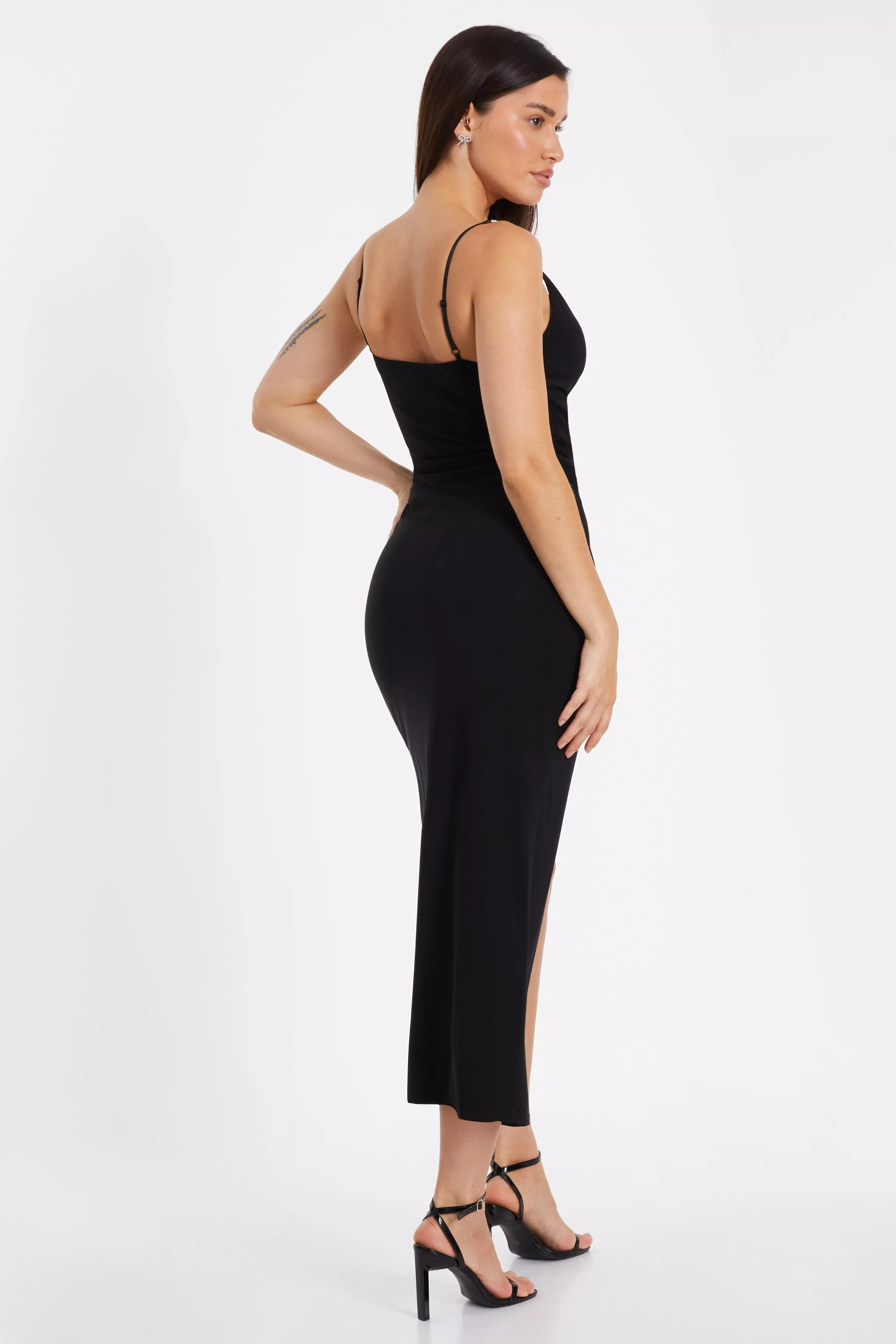 Black Diamante Ruched Midi Dress