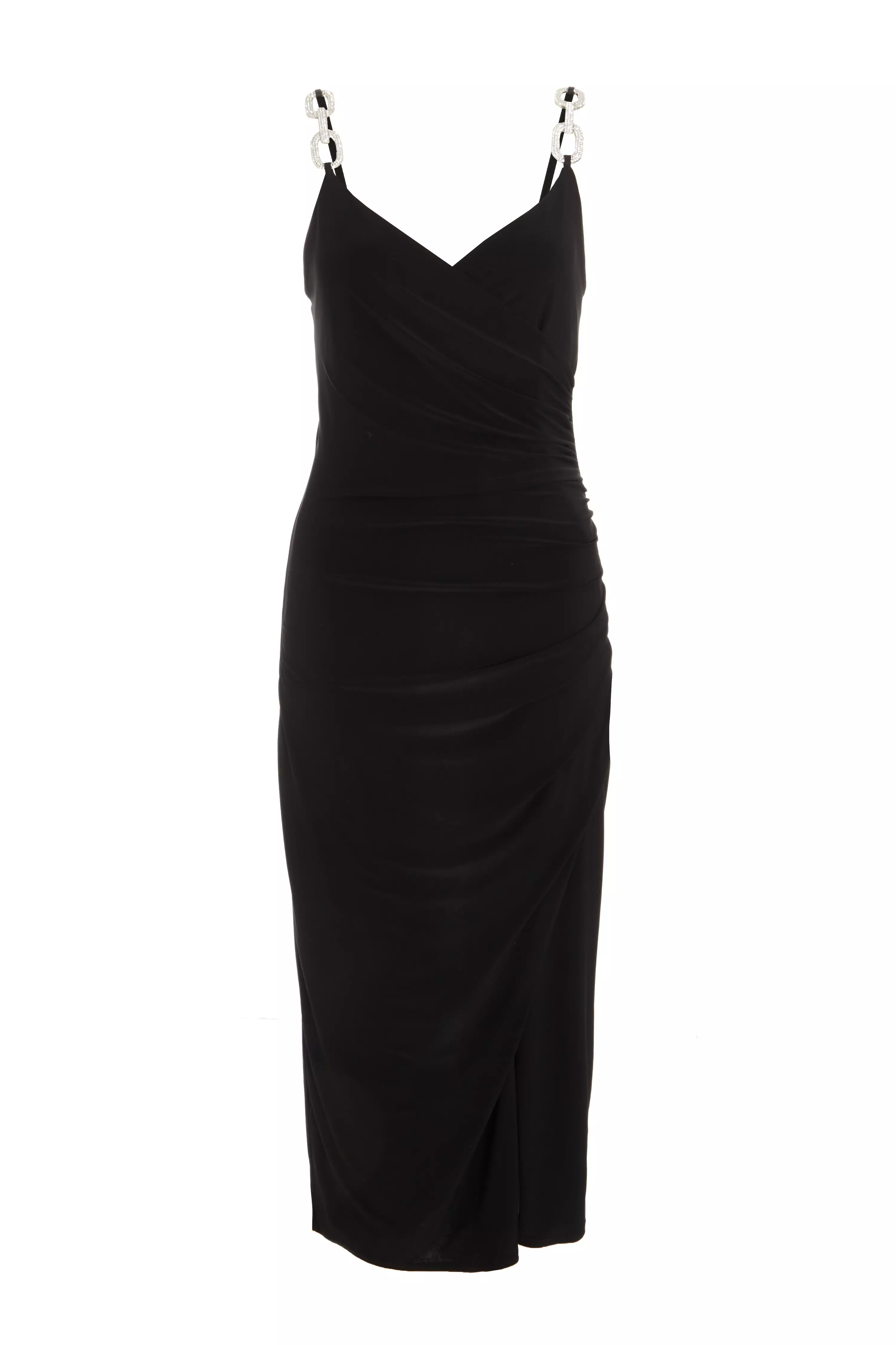 Black Diamante Ruched Midi Dress