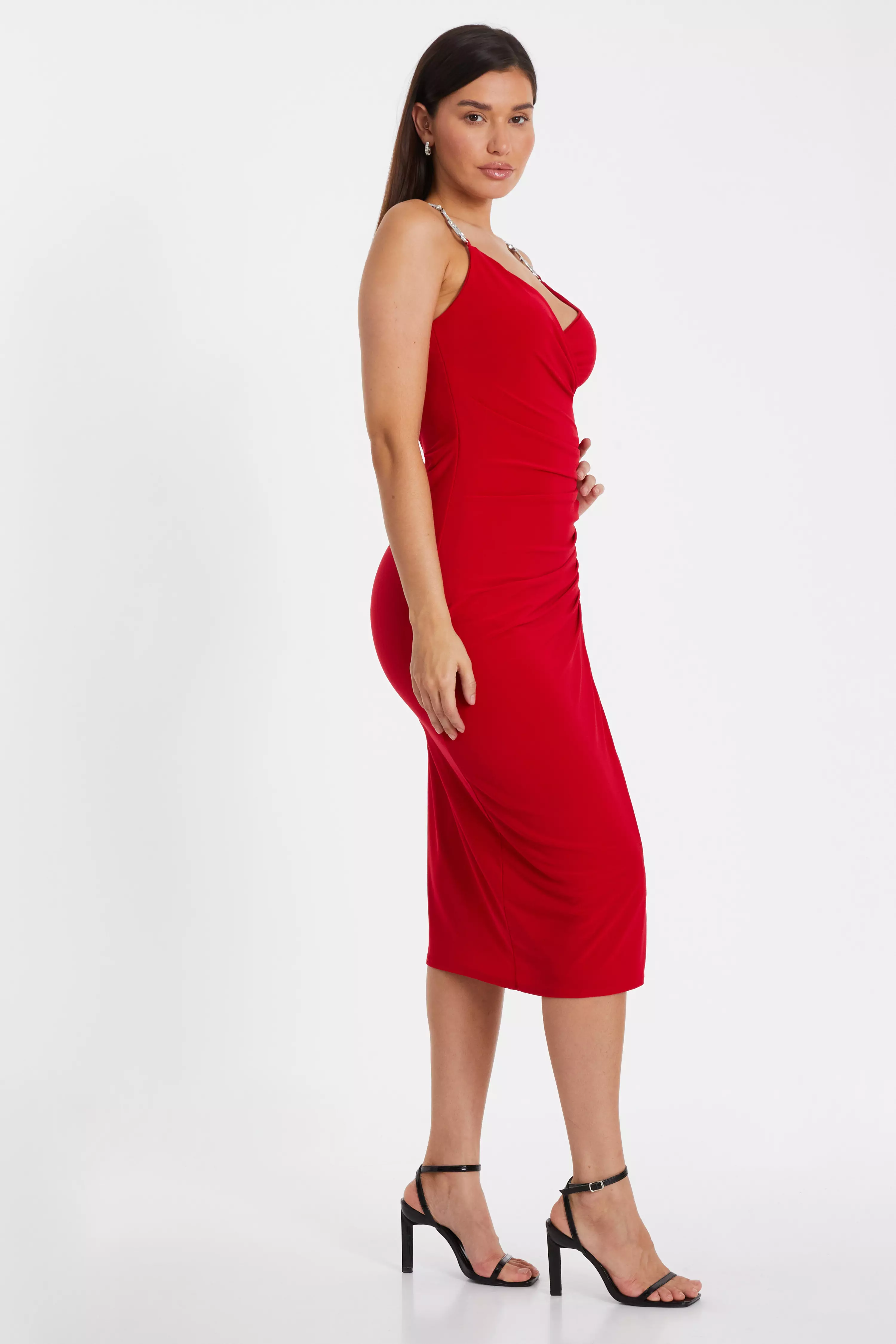 Red Diamante Strap Midi Dress