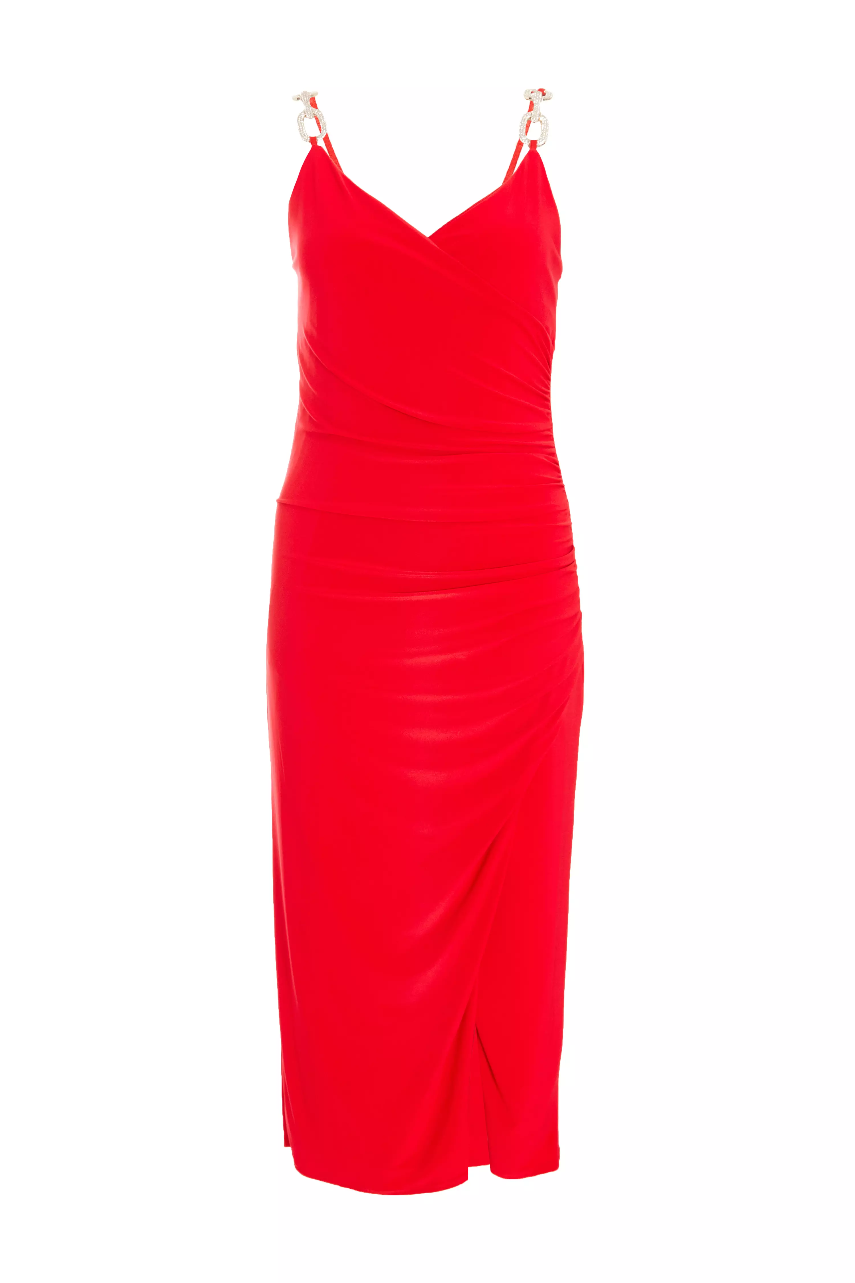 Red Diamante Strap Midi Dress