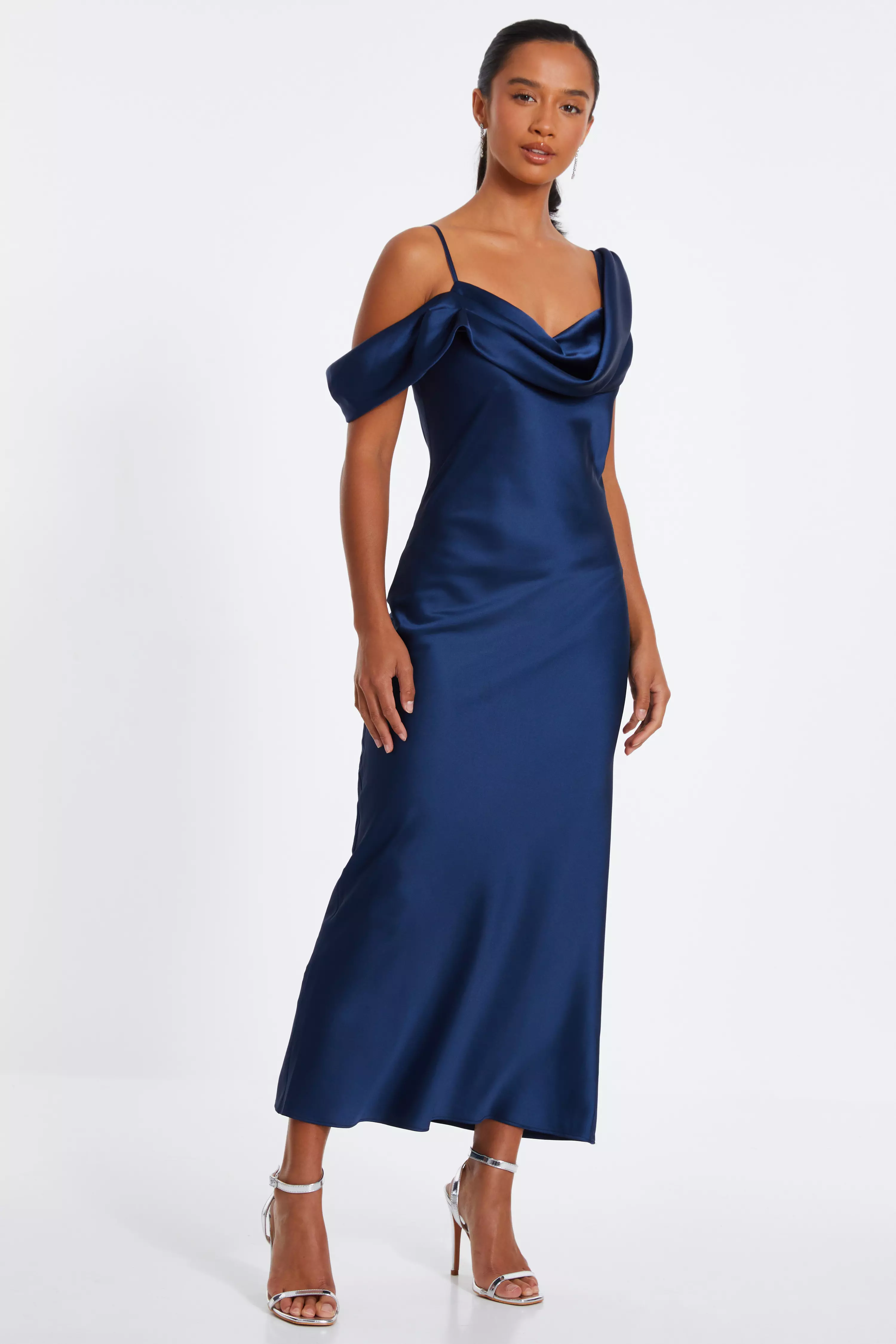 Petite Navy Satin Drop Shoulder Maxi Dress