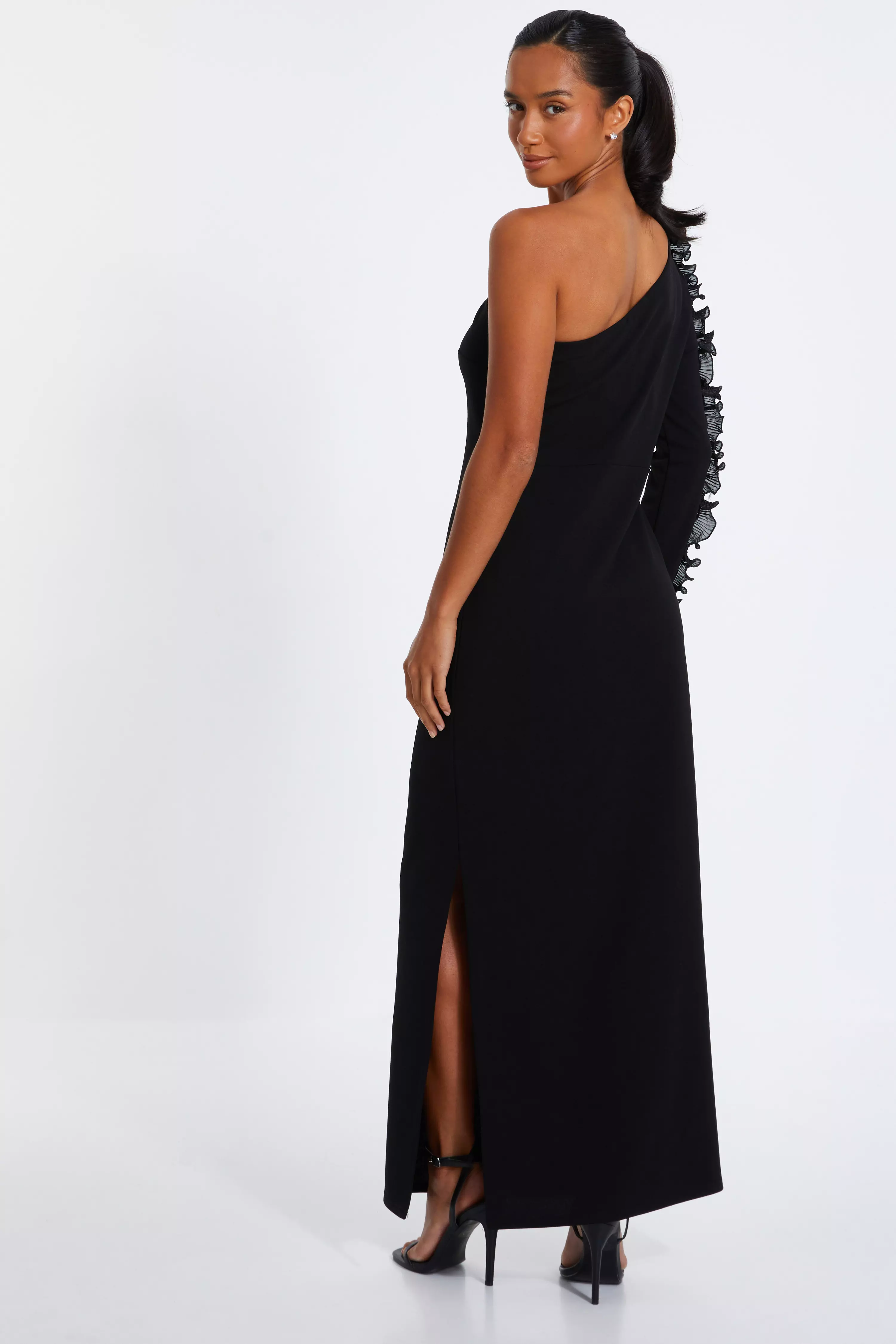  Petite Black Frill One Shoulder Maxi Dress