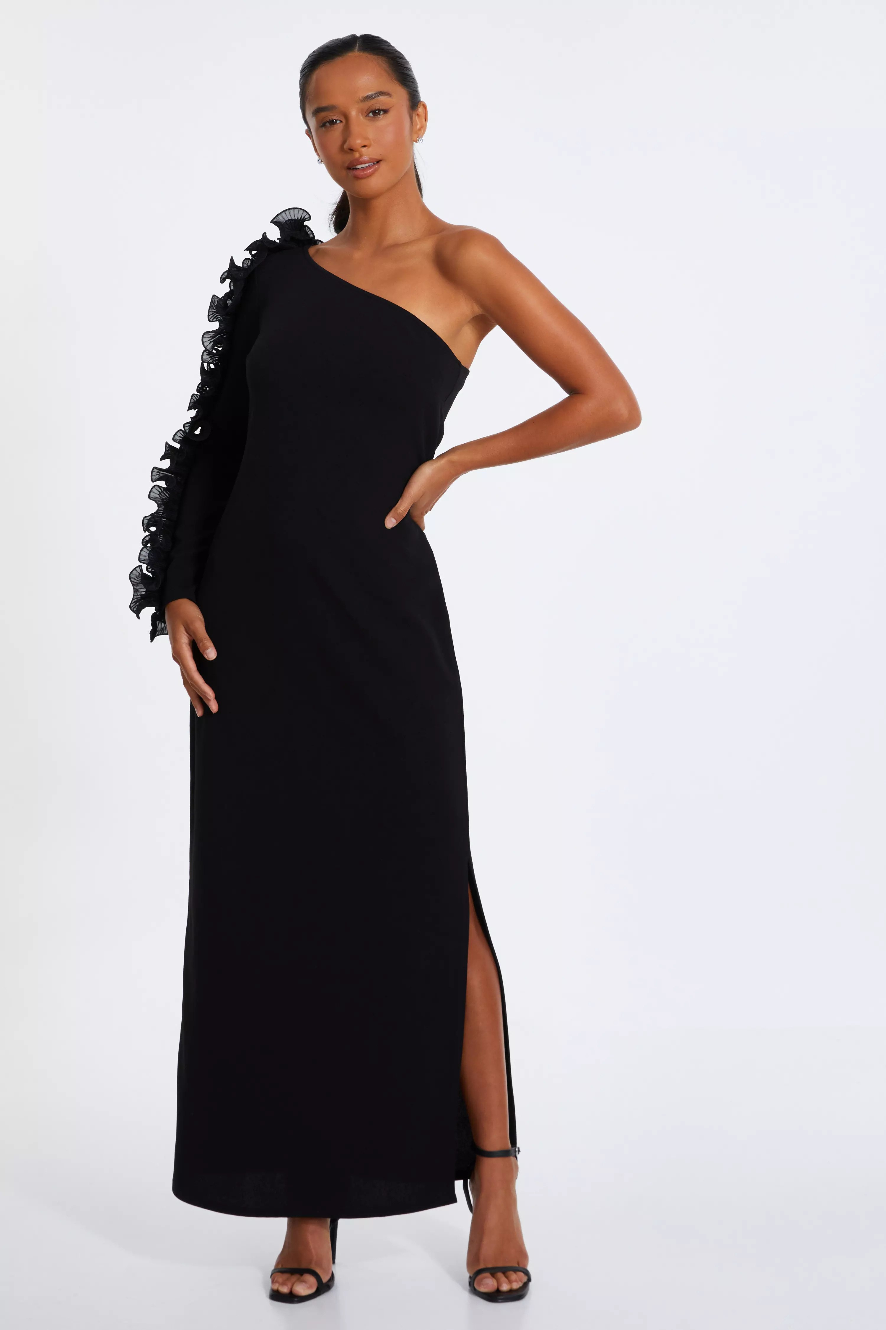  Petite Black Frill One Shoulder Maxi Dress