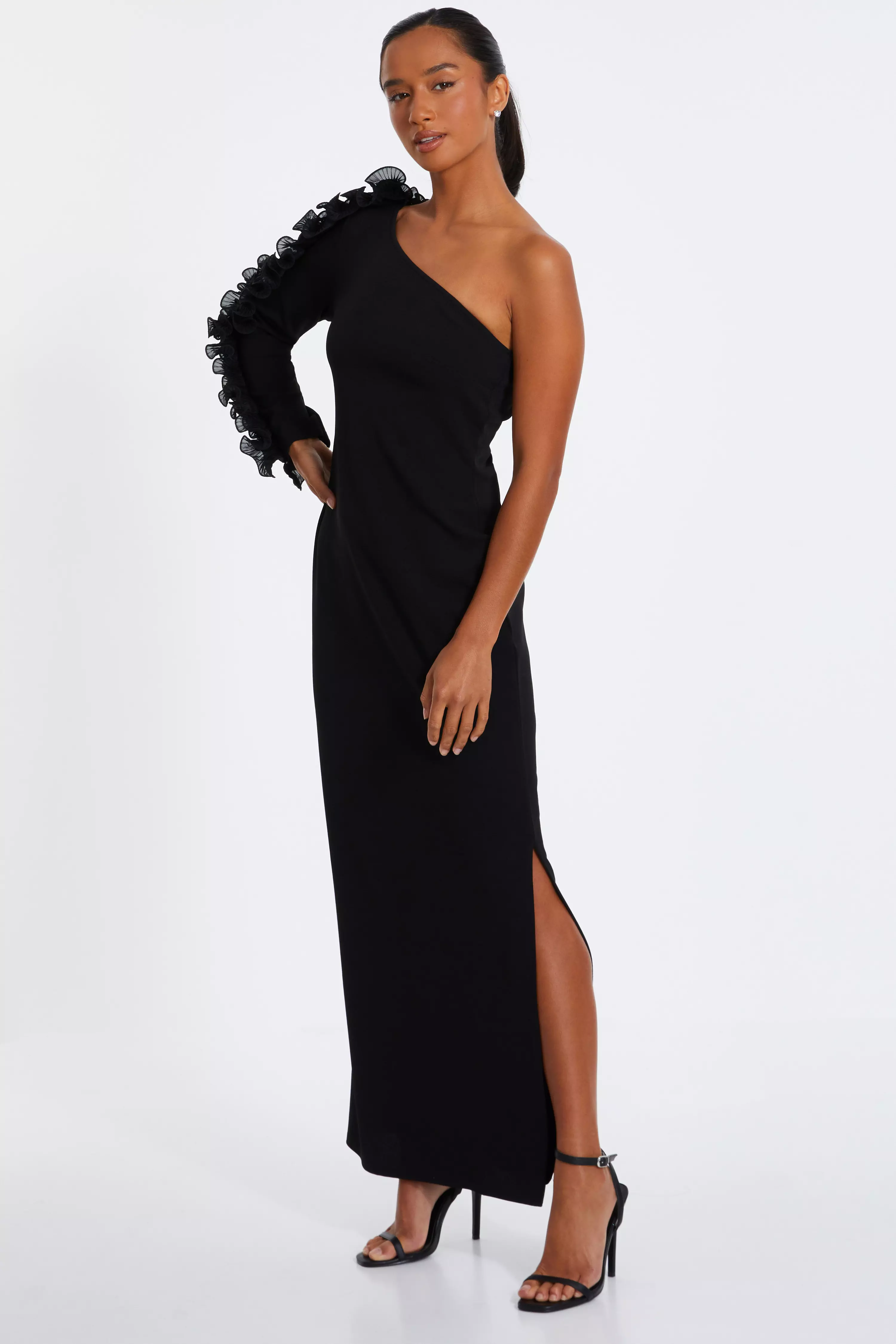  Petite Black Frill One Shoulder Maxi Dress