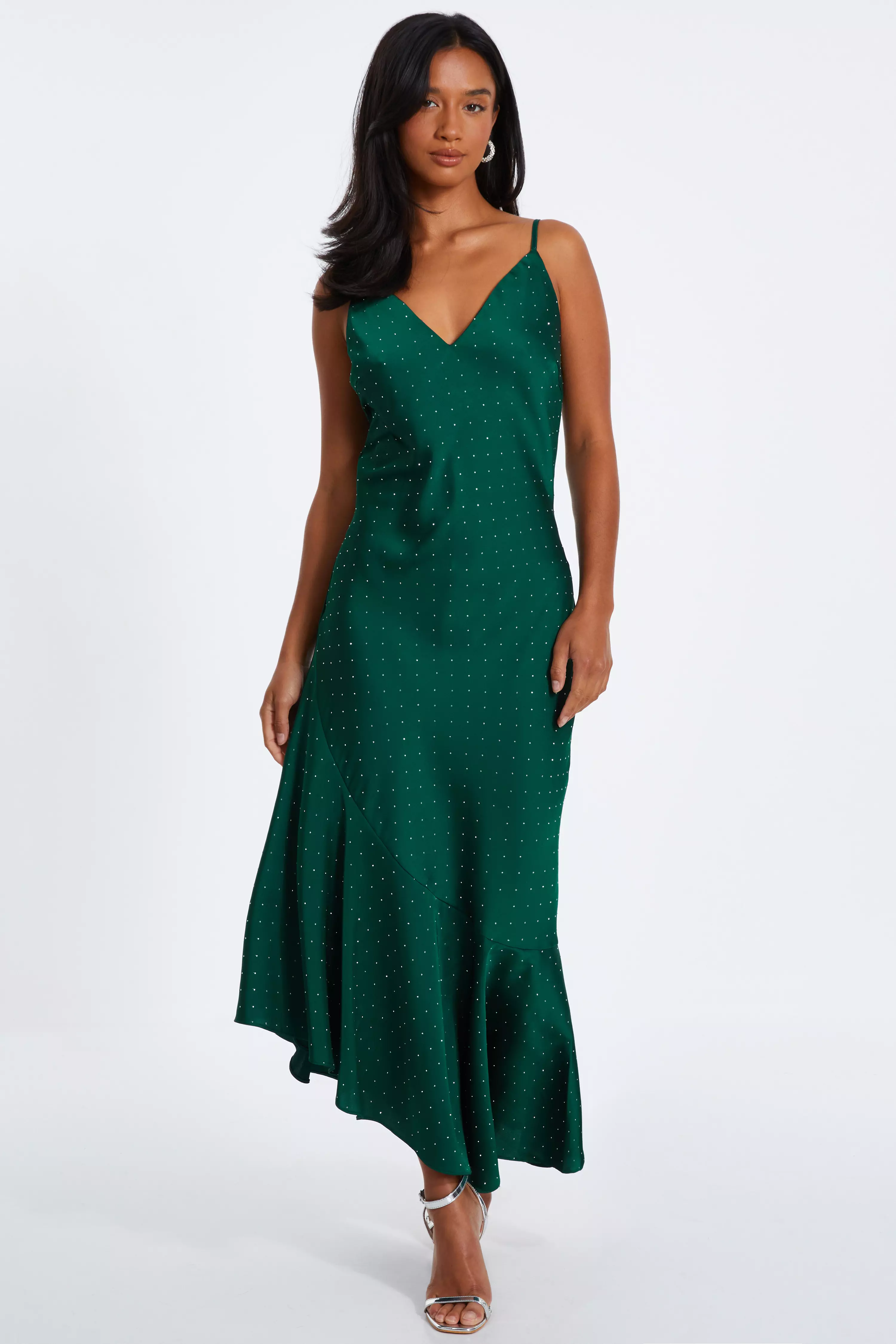 Petite Bottle Green Satin Asymmetric Midaxi Dress