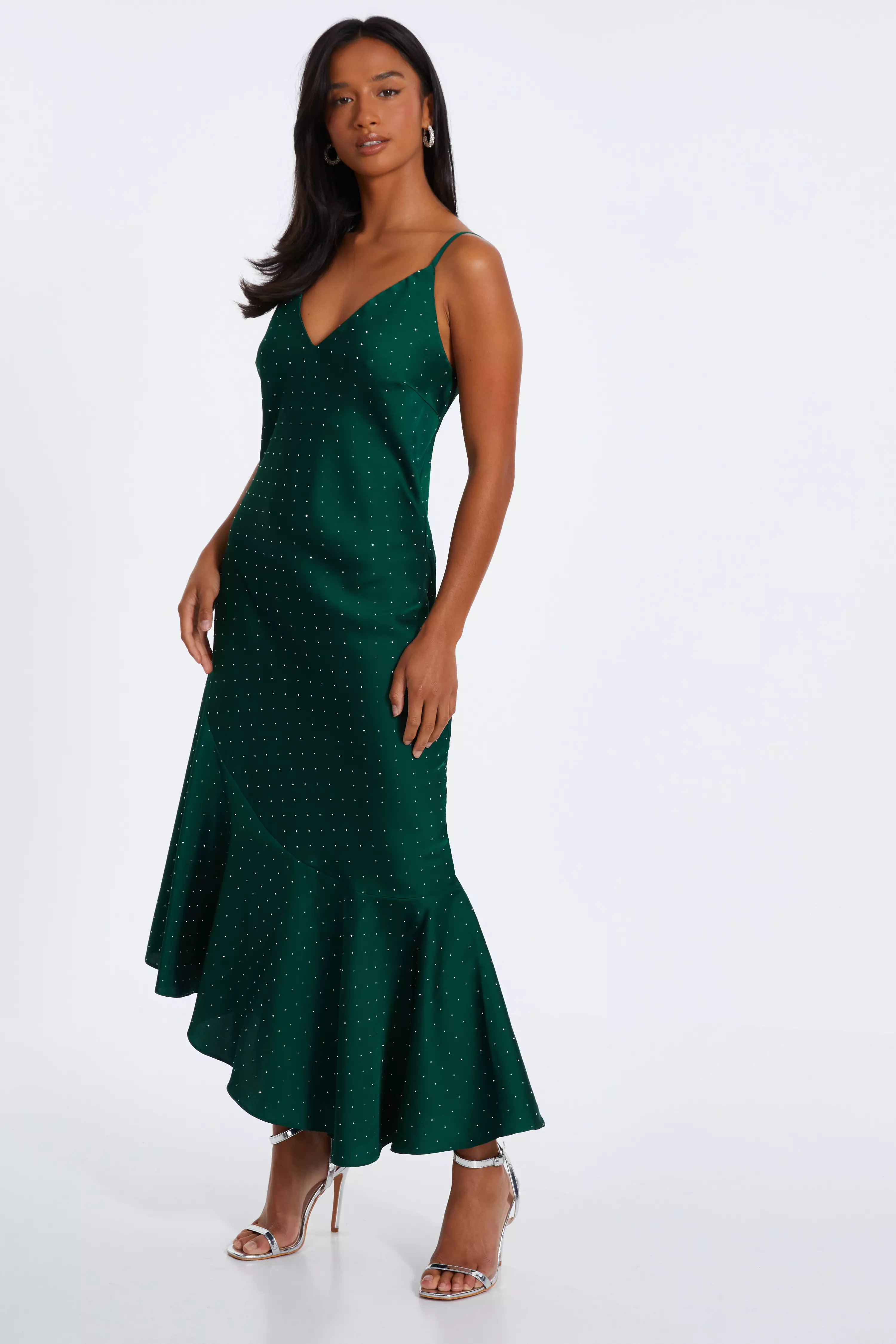 Petite Bottle Green Satin Asymmetric Midaxi Dress