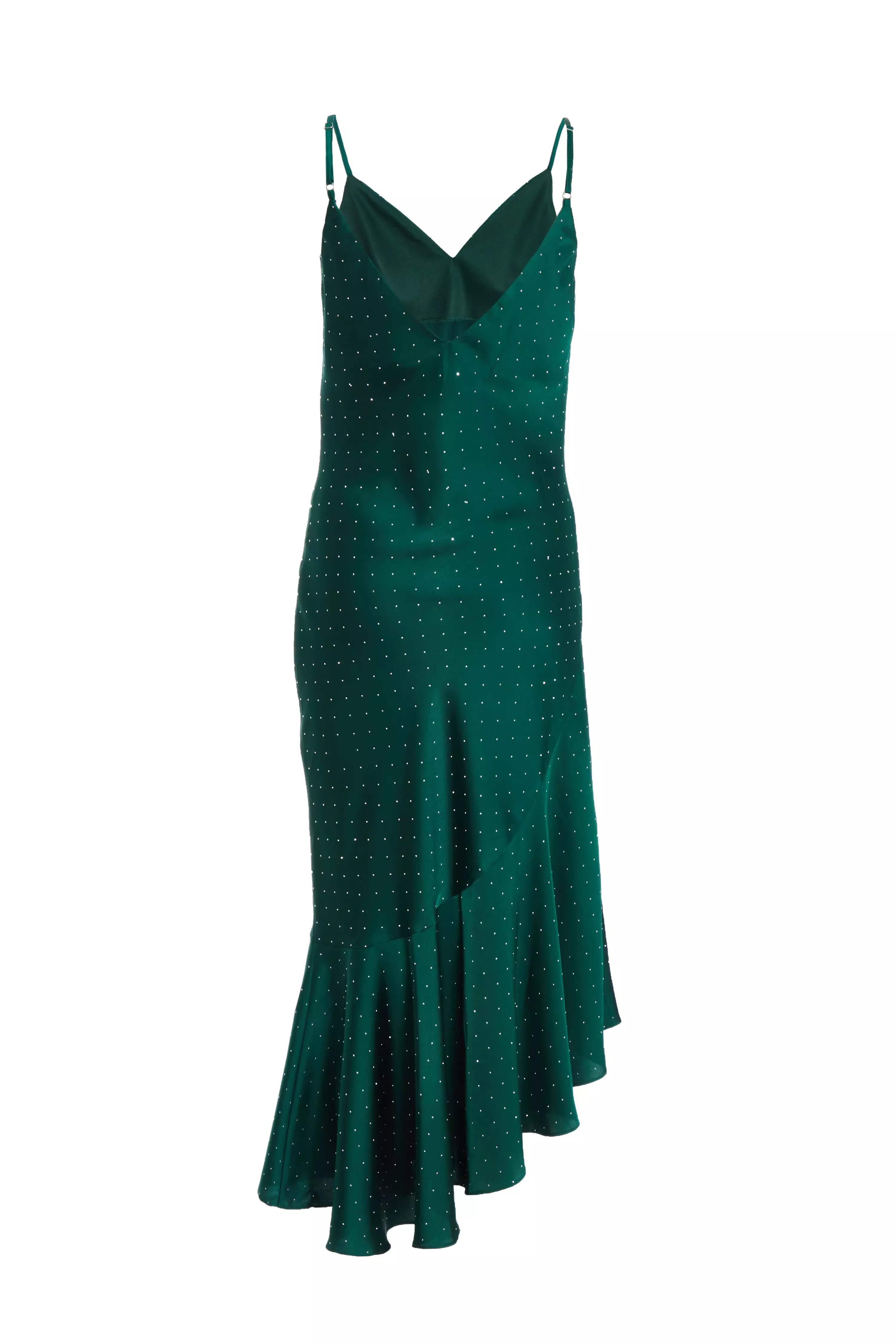 Petite Bottle Green Satin Asymmetric Midaxi Dress