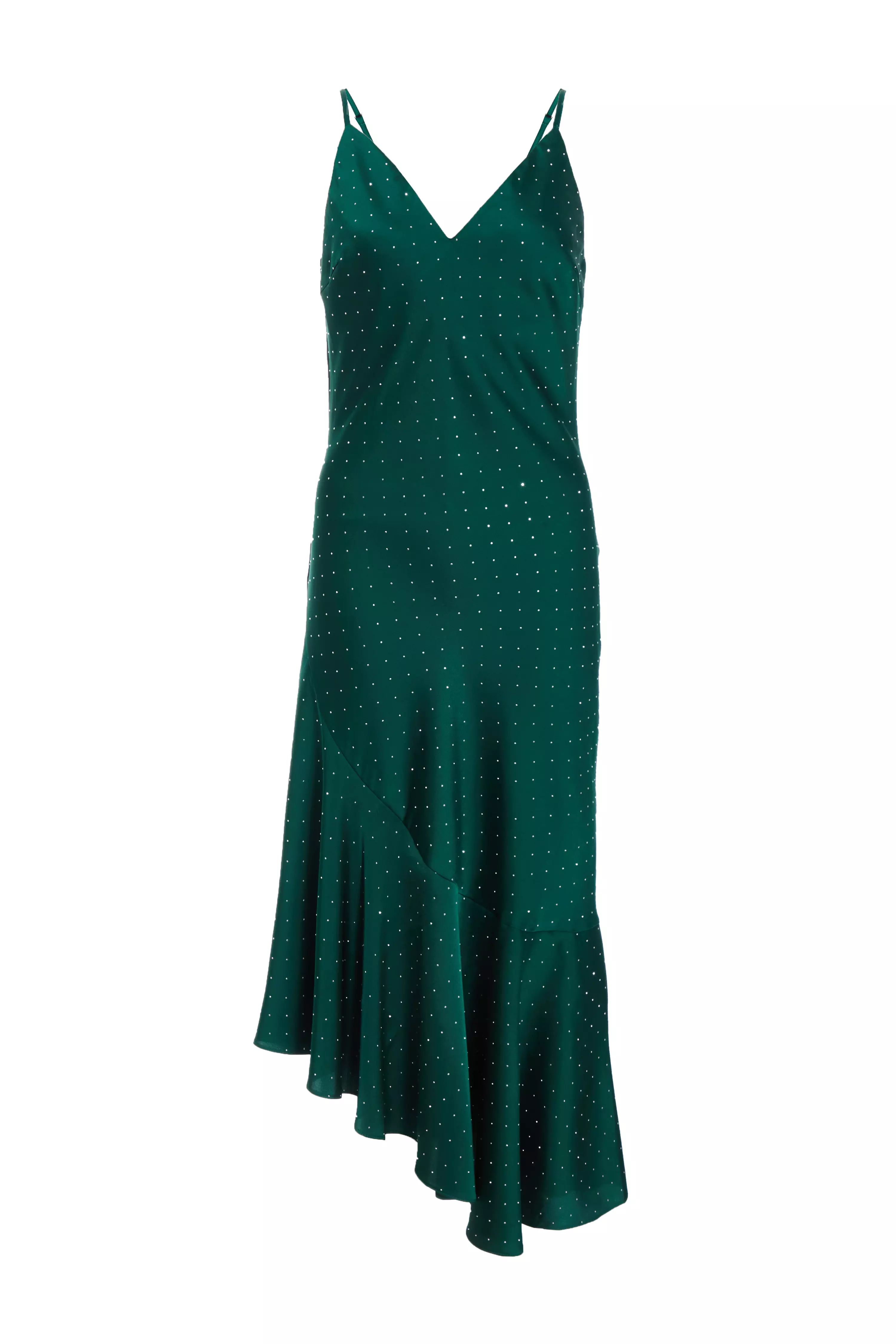 Petite Bottle Green Satin Asymmetric Midaxi Dress