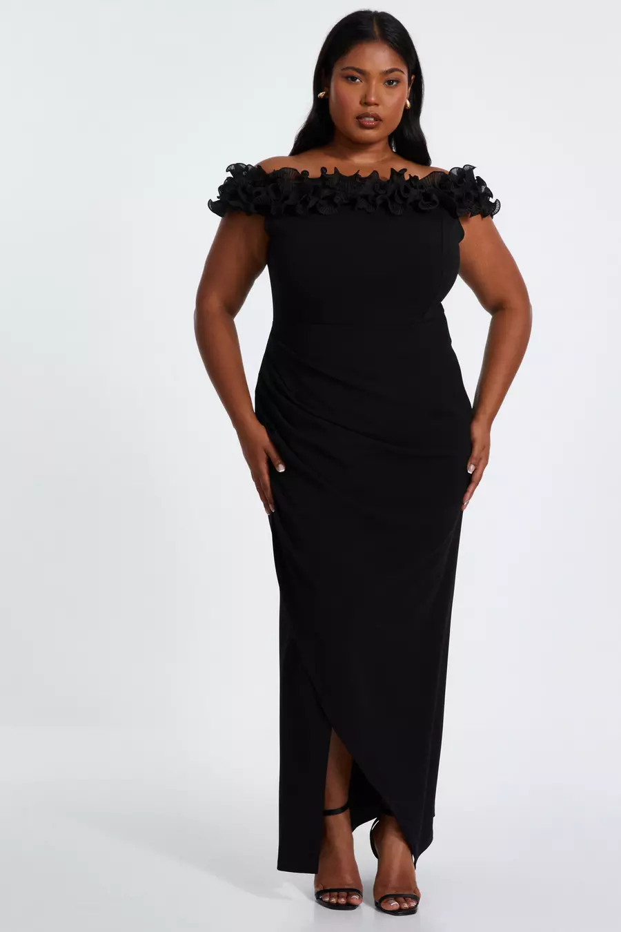 Curve Black Ruffle Bardot Maxi Dress QUIZ Clothing