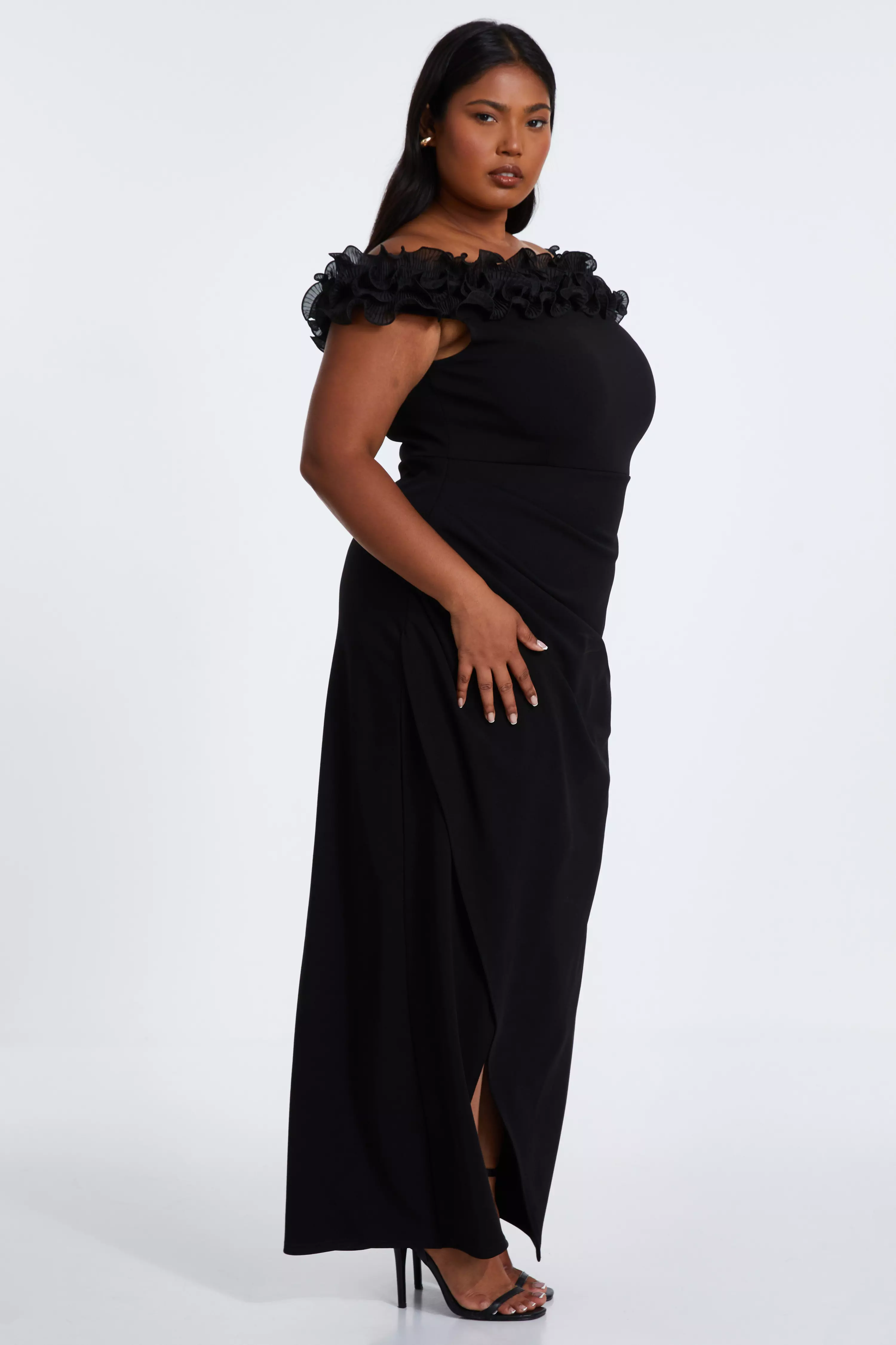 Curve Black Ruffle Bardot Maxi Dress