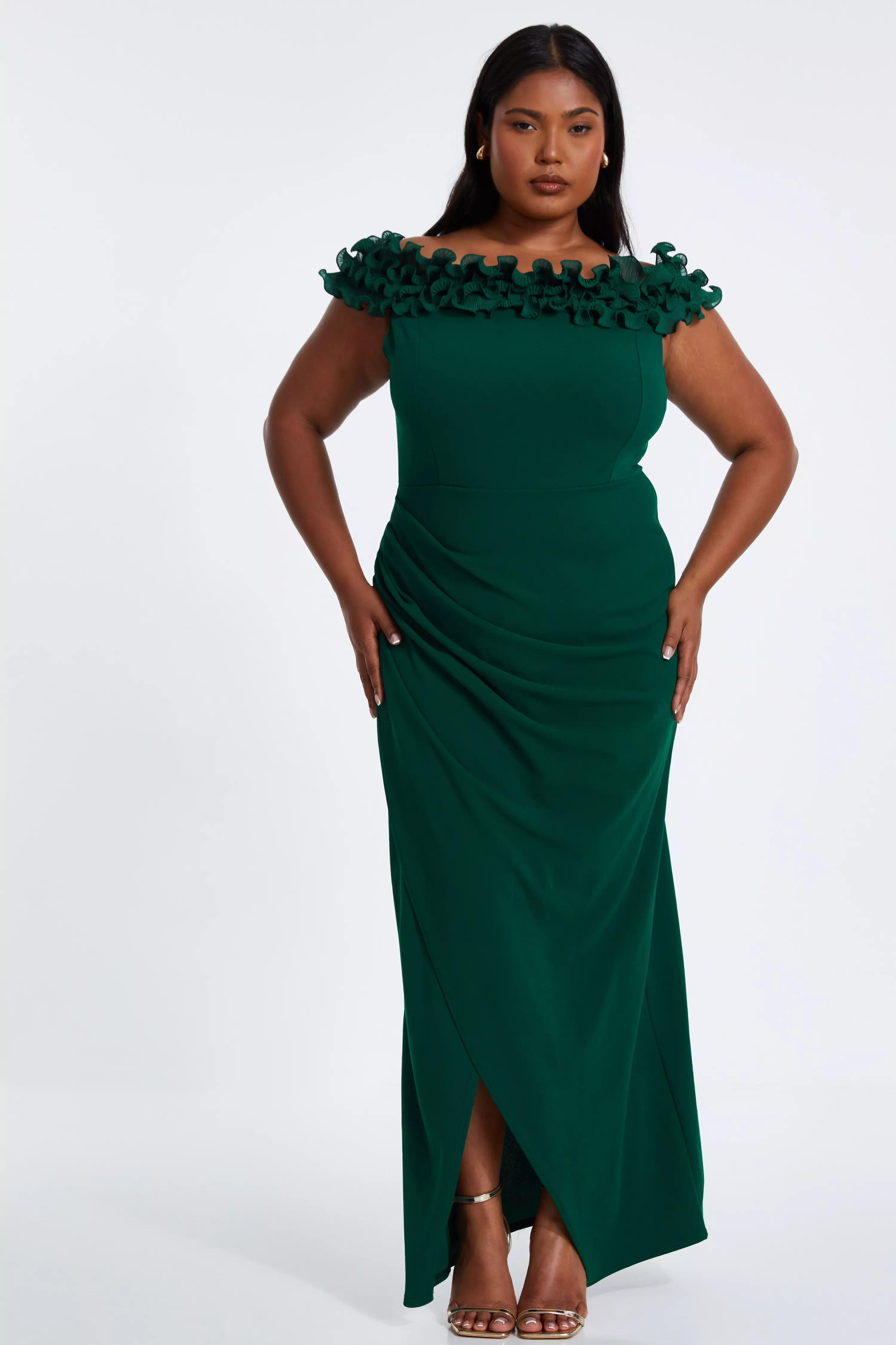 Curve Bottle Green Ruffle Bardot Maxi Dress