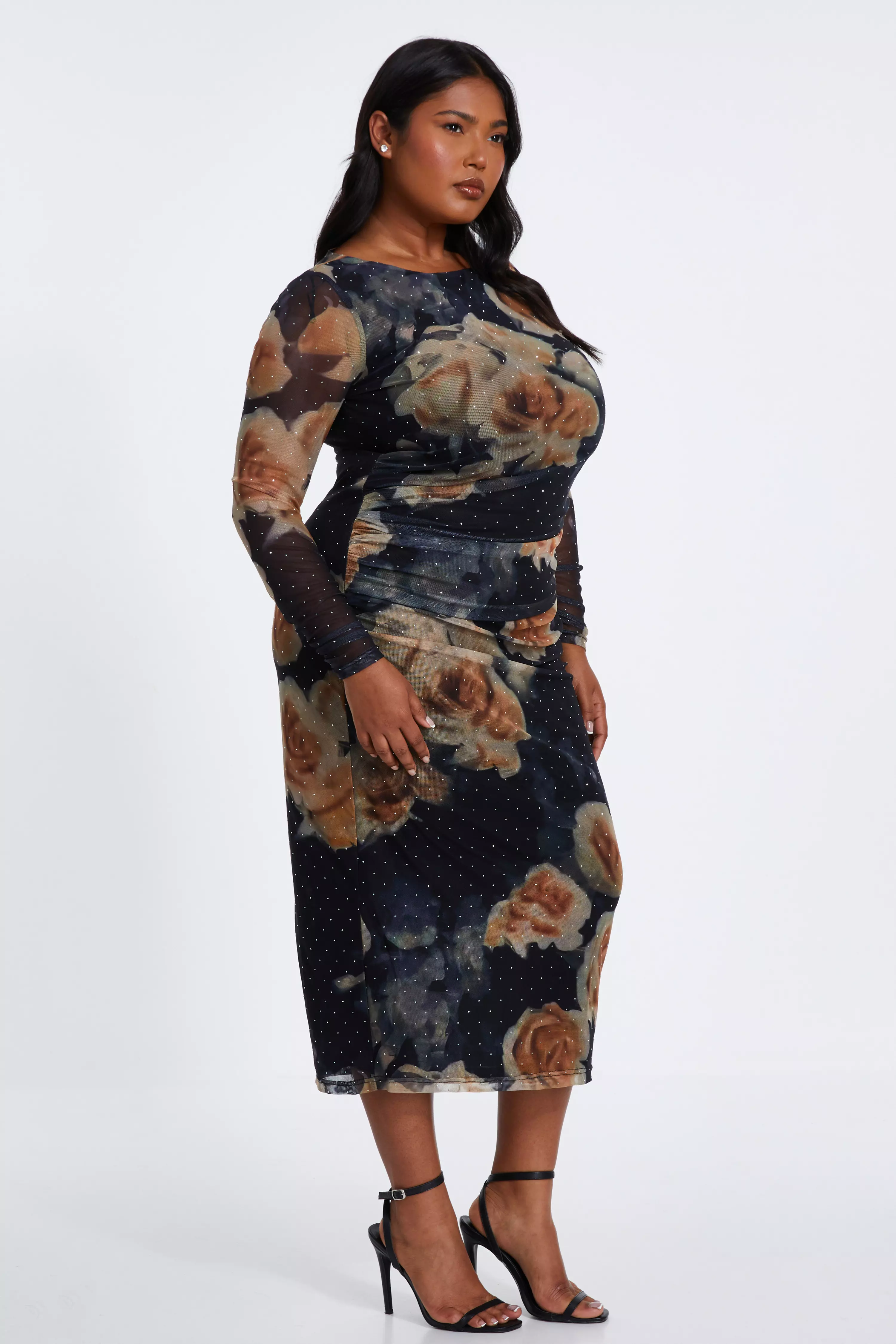 Curve Black Floral Mesh Midaxi Dress