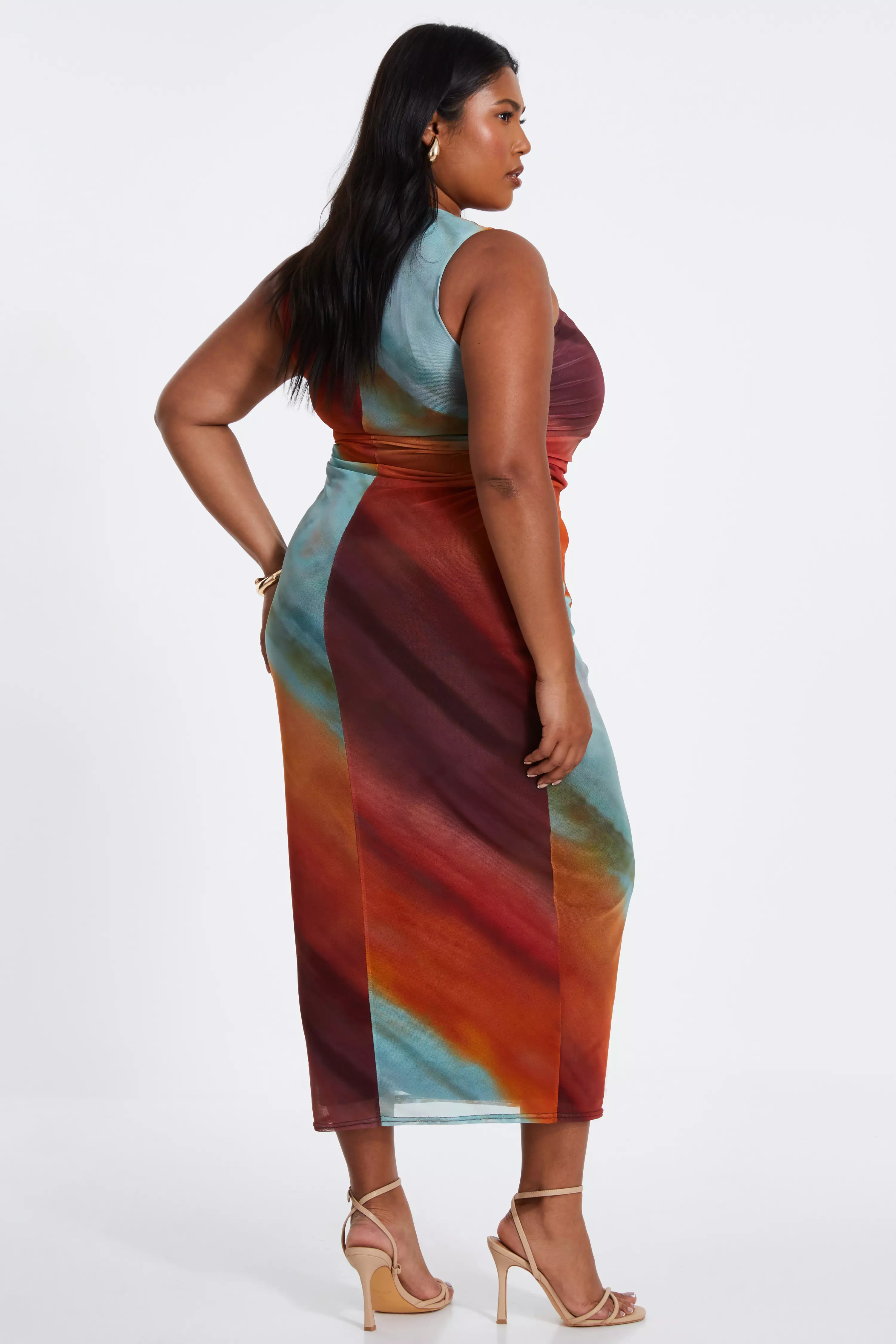 Curve Orange Ombre Print Ruched Midaxi Dress