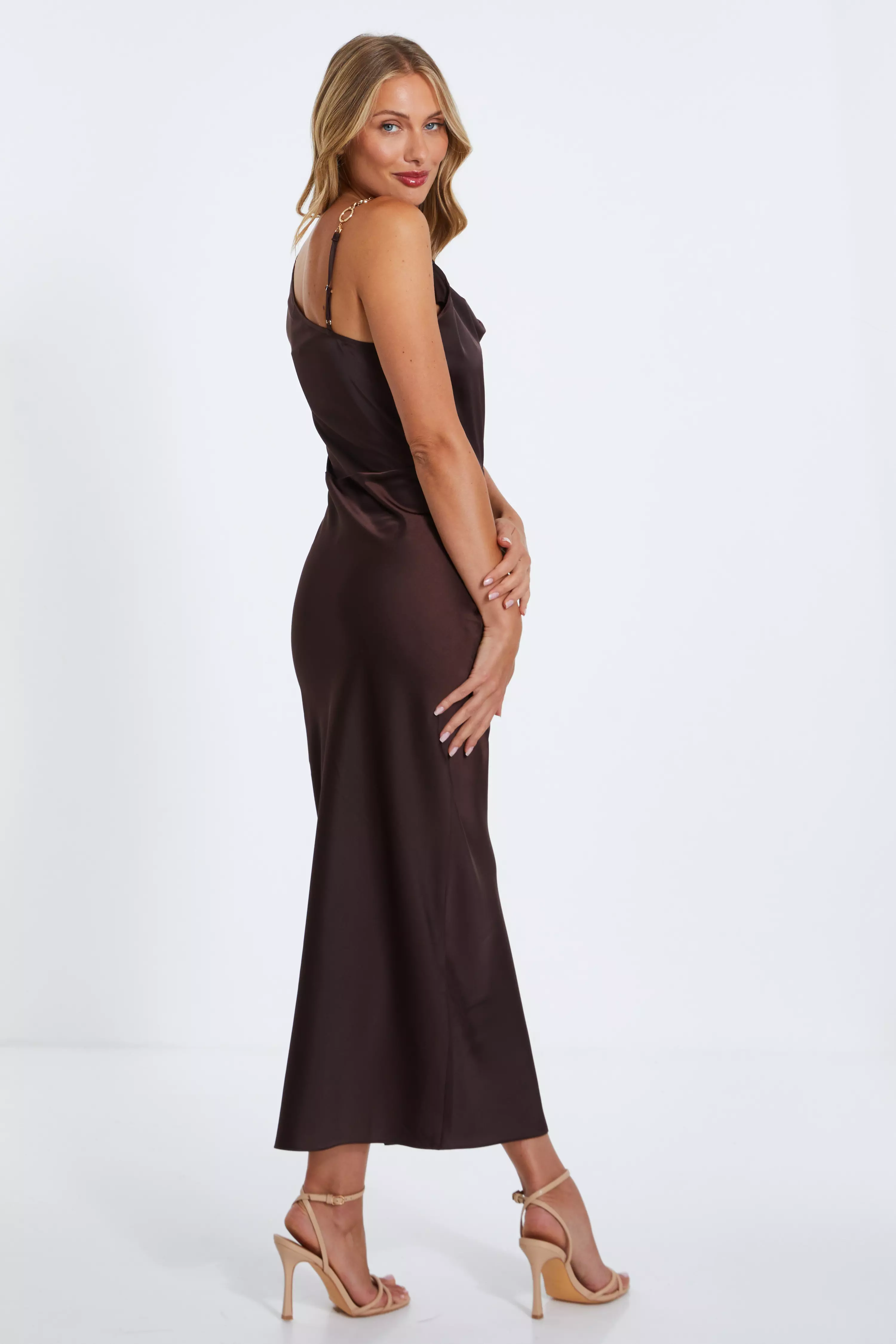 Brown Satin Cowl Neck Midaxi Dress