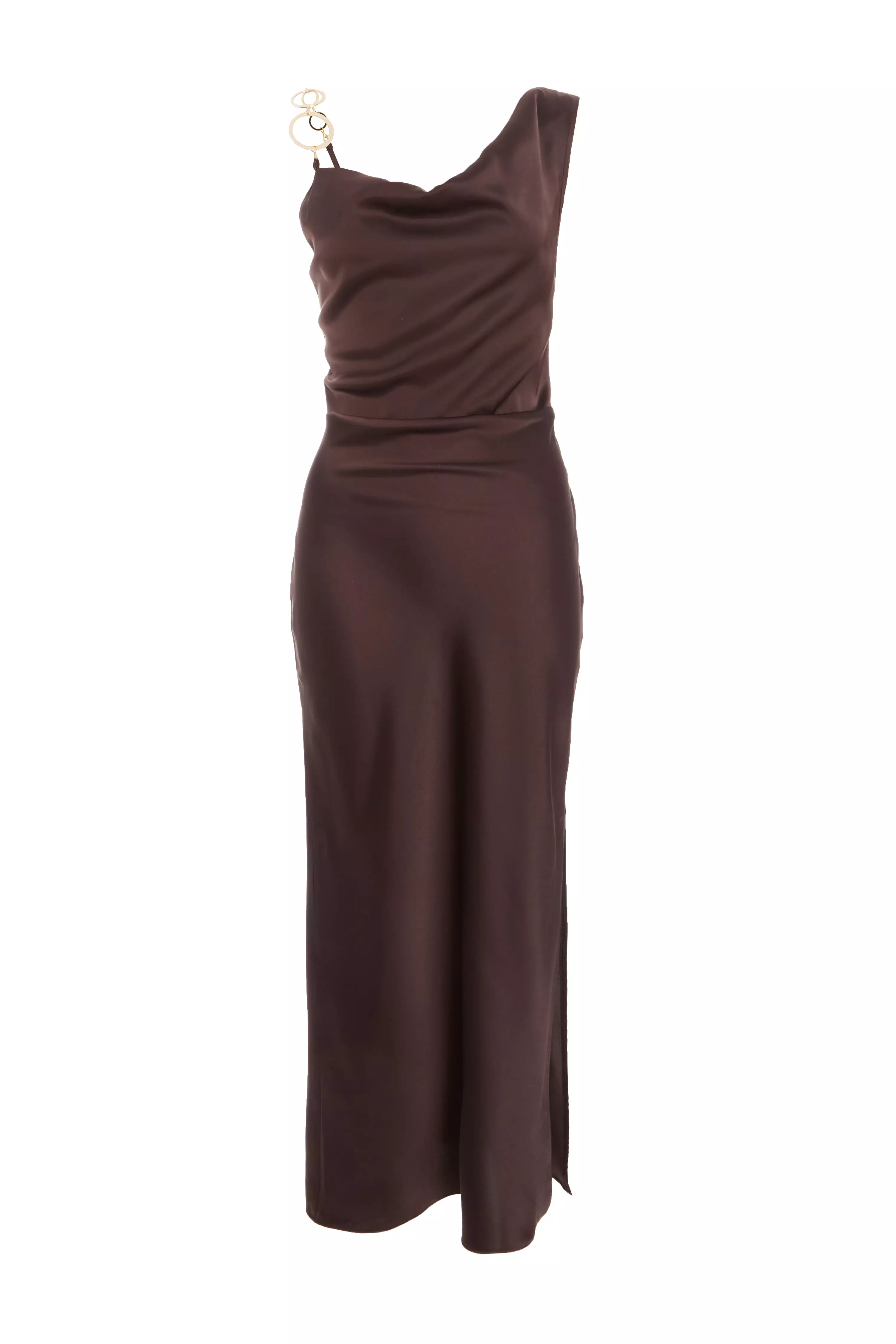 Brown Satin Cowl Neck Midaxi Dress