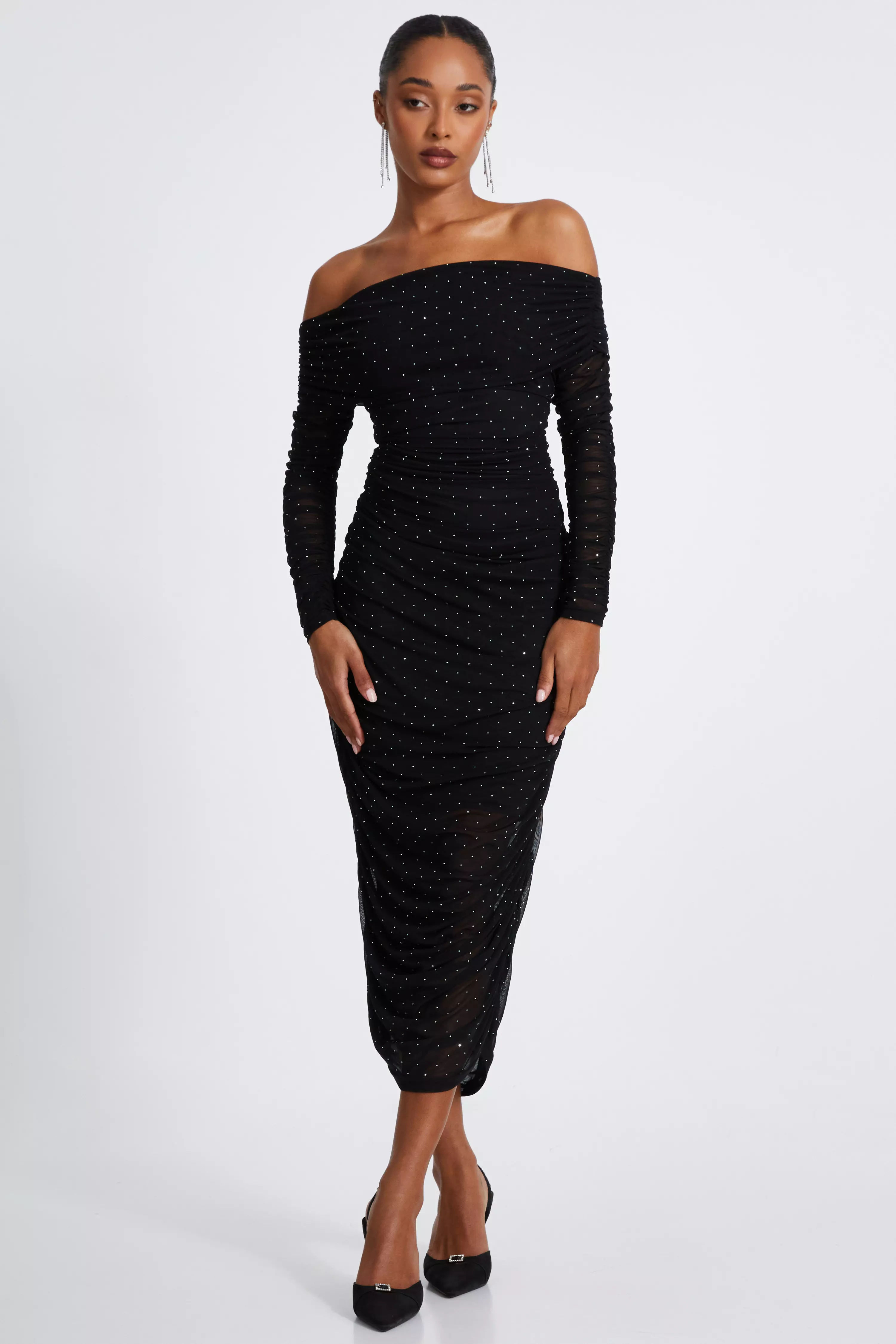 Black Mesh Bardot Midaxi Dress