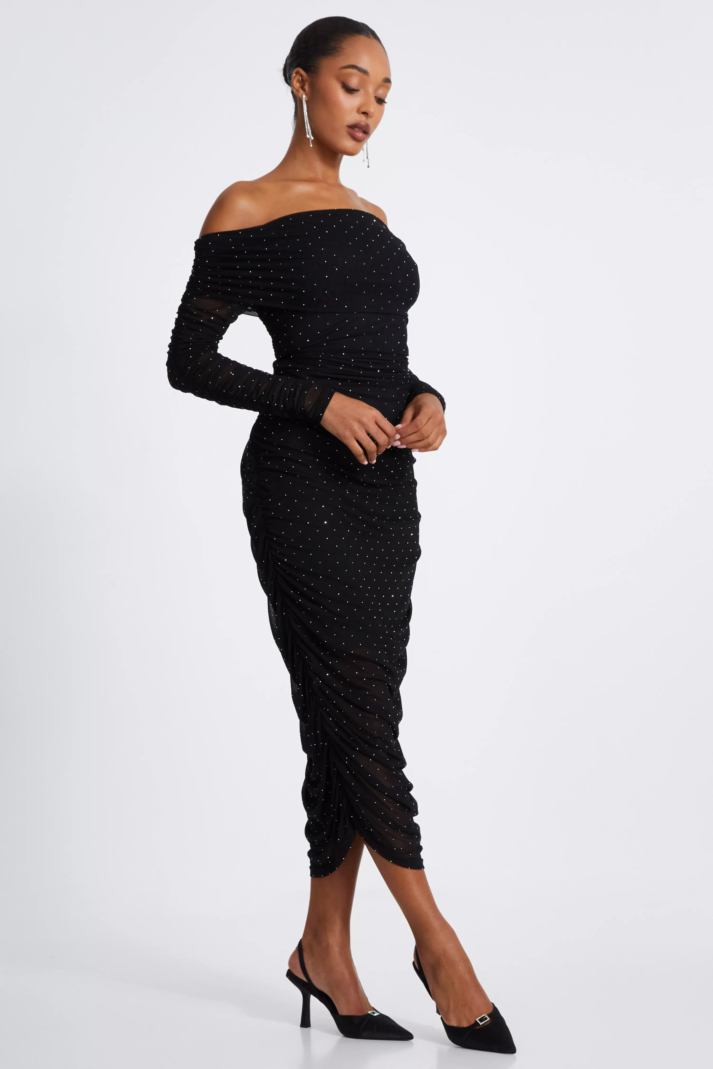 Black Mesh Bardot Midaxi Dress